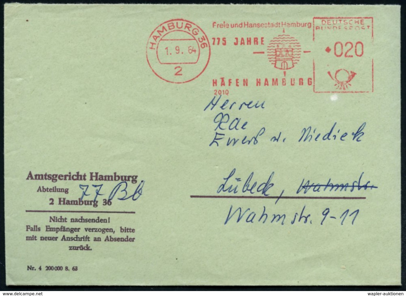 1964 (1.9.) 2 HAMBURG 36, Absender-Freistempel Francotyp: Freie U. Hansestadt Hamburg, 775 JAHRE HAFEN HAMBURG, 2010, Ko - Other & Unclassified