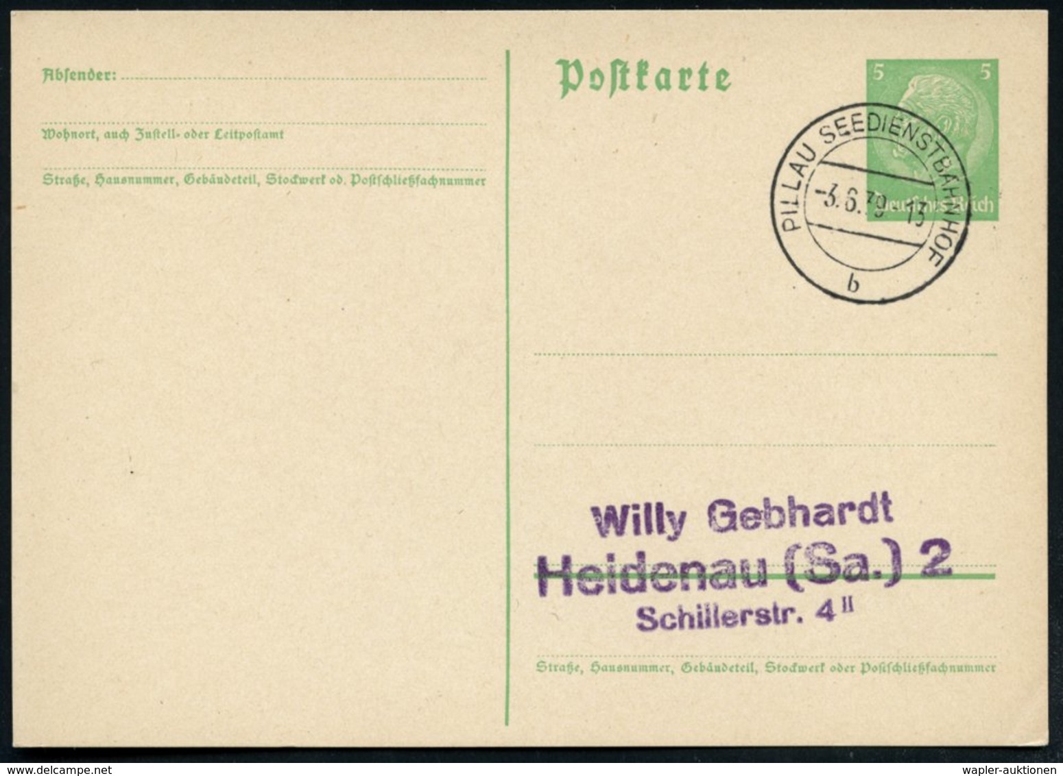 1939 (3.6.) 2K-Steg: PILLAU SEEDIENSTBAHNHOF MIT UB "b" = Hauspostamt Ostsee-Fährdienst, Inl.-Karte - Hafen / Port & Har - Other & Unclassified