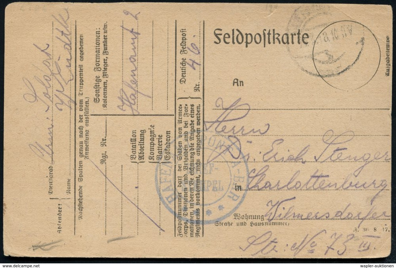 1918 (12.3.) DEUTSCHES REICH, Aptierter Feldpoststempel (Tarnstempel) + Blauer Briefstempel: HAFENAMT PONT-A-BAR + Hs. " - Other & Unclassified