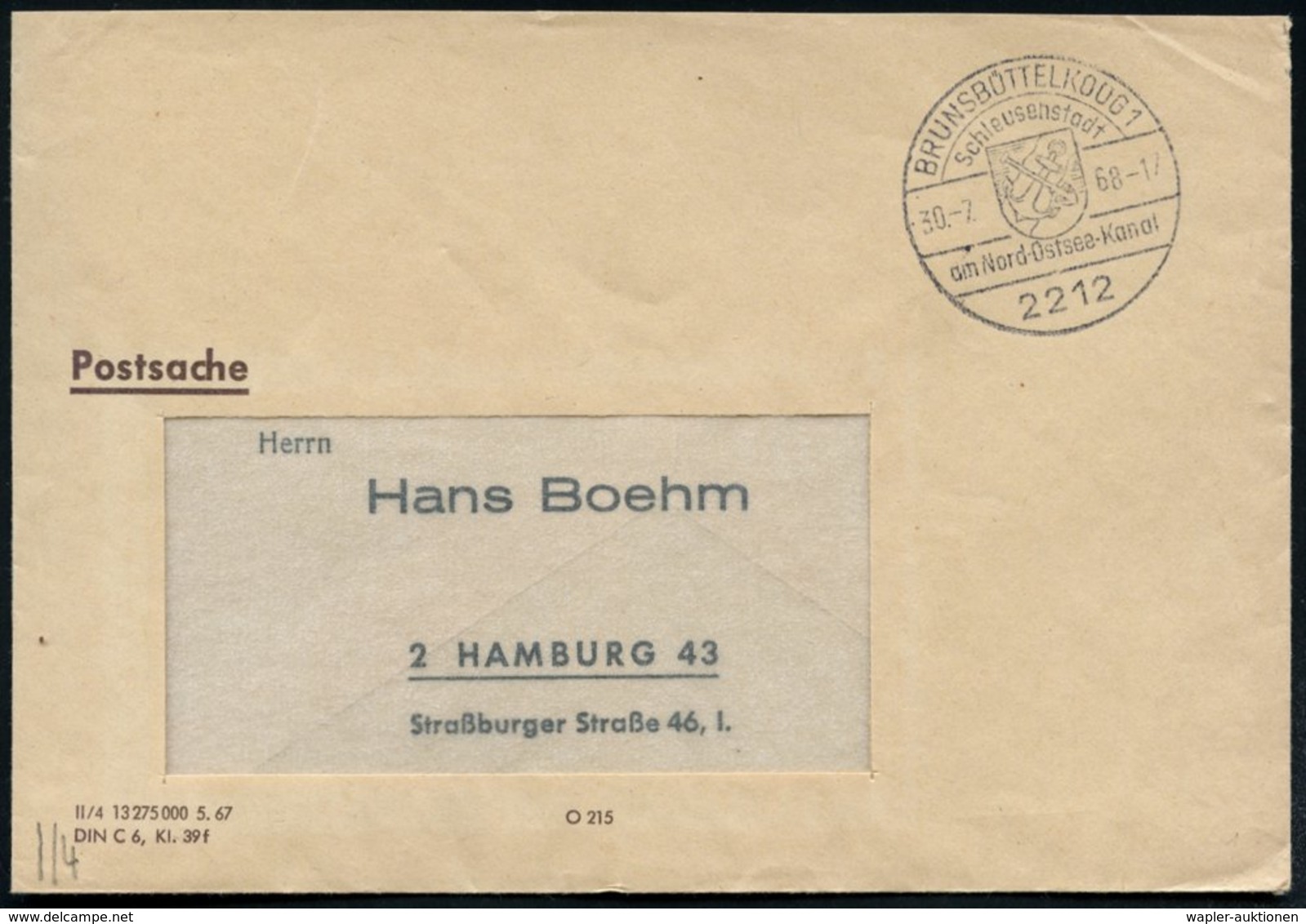 1968 (30.2.) 2212 BRUNSBÜTTELKOOG 1, Handwerbestempel: Schleusenstadt Am Nord-Ostsee-Kanal (Wappen Mit Anker) Markenlose - Other & Unclassified