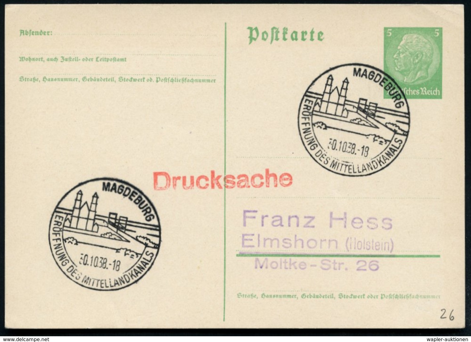 1938 (30.10.) MAGDEBURG, Sonderstempel: ERÖFFNUNG DES MITTELLANDKANALS (Mittellandkanal) Inl.-Karte (Bo.26) - Kanal & Sc - Altri & Non Classificati