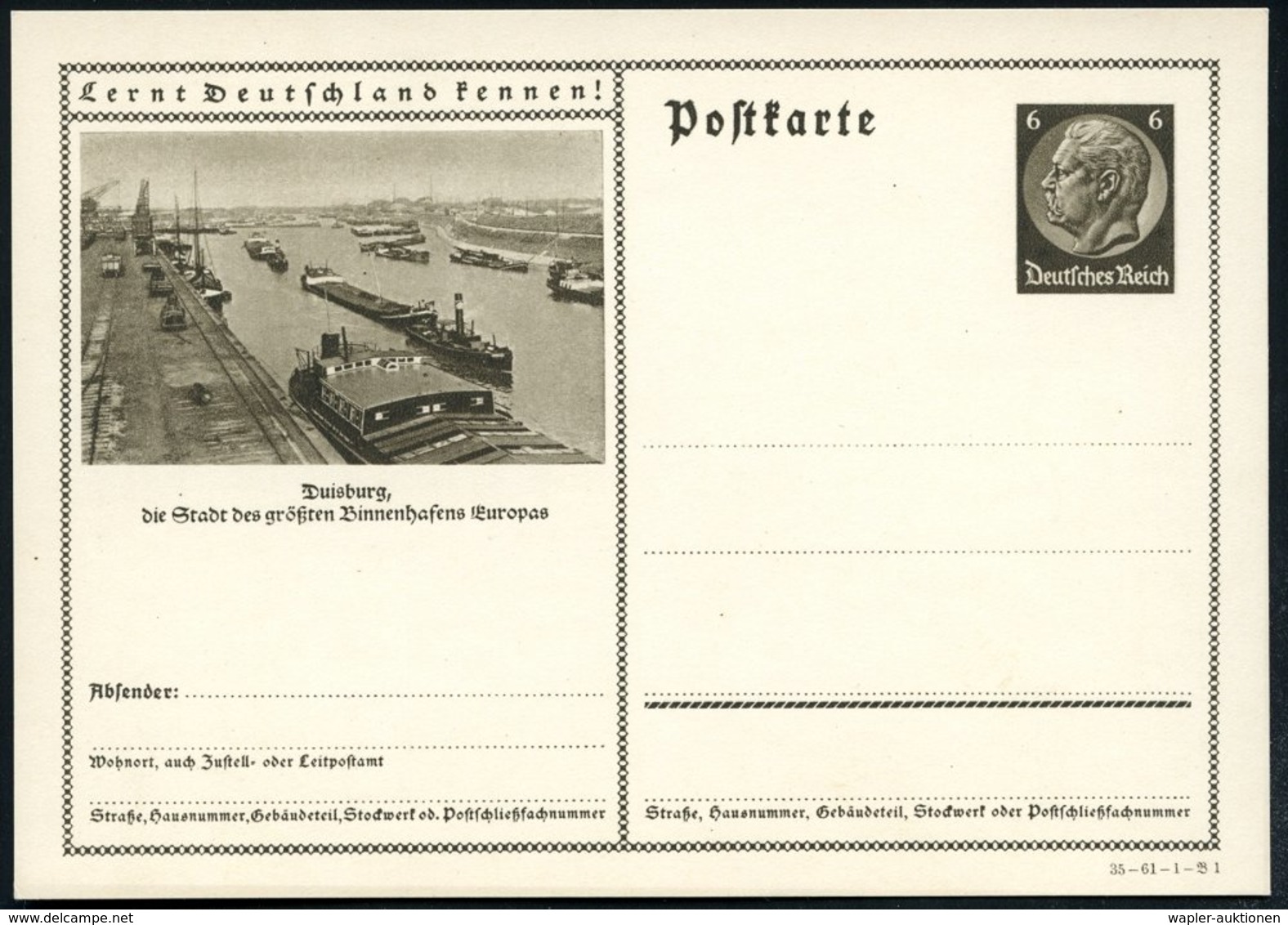 1935 Duisburg, 6 Pf. Bild-Ganzsache Hindenbg., Braun: Stadt Des Größten Binnenhafens Europas (Schlepper U. Frachtschiffe - Sonstige & Ohne Zuordnung