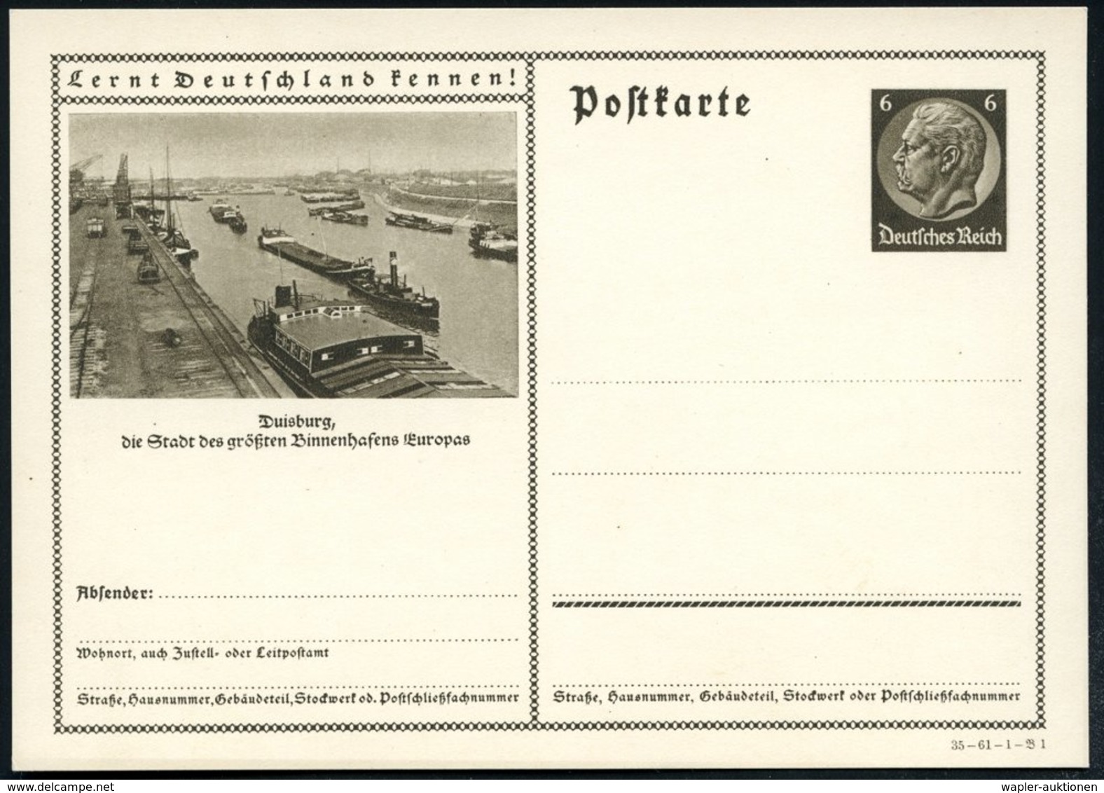 1935 Duisburg, 6 Pf. Bild-Ganzsache Hindenbg., Braun: Stadt Des Größten Binnenhafens Europas (Schlepper U. Frachtschiffe - Other & Unclassified