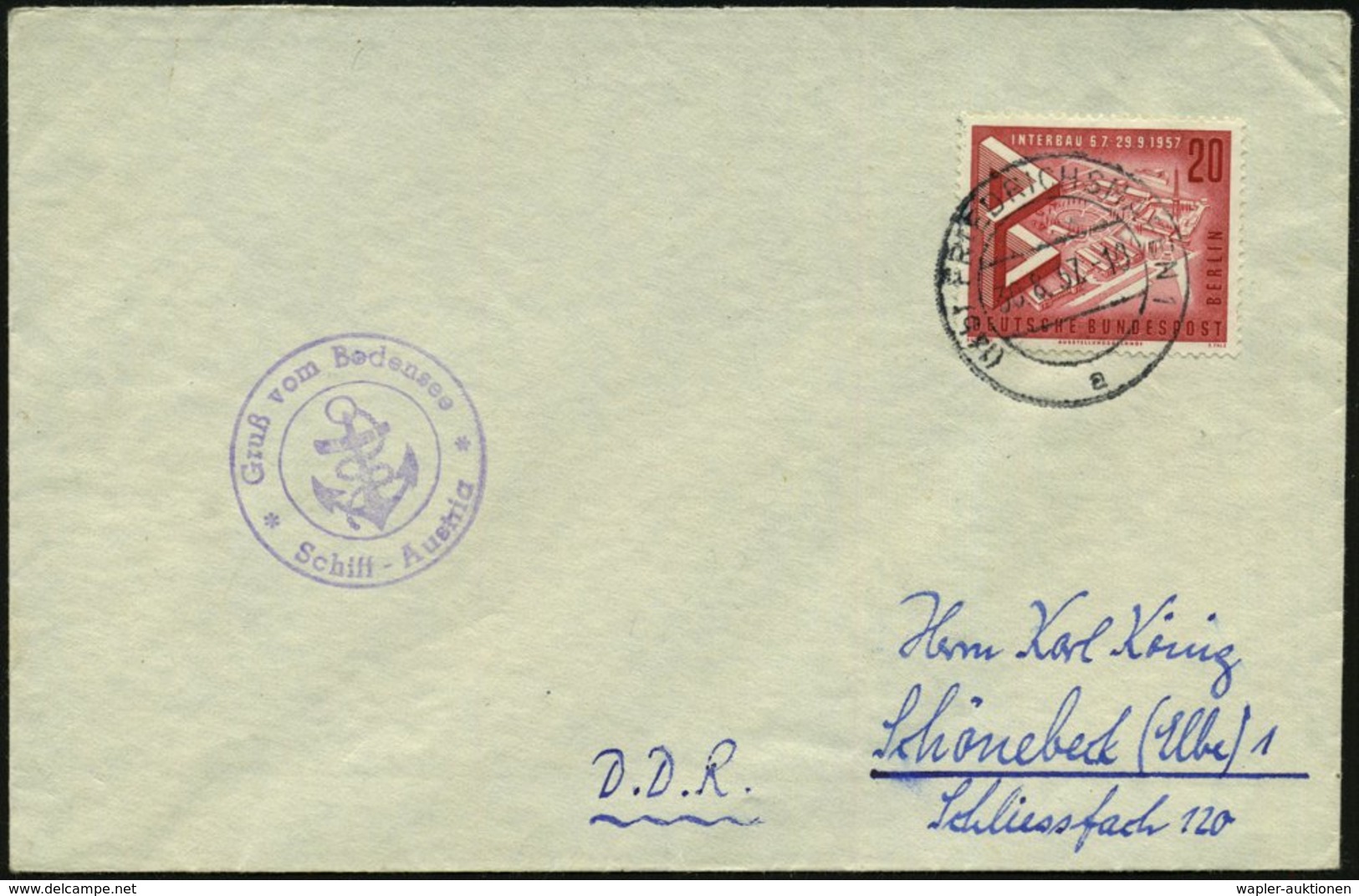 1957 (30.8.) (14 B) FRIEDRICHSHAFEN 1, 2K-Steg + Viol. Bordstempel: Gruß Vom Bodesee, Schiff Austria (Anker) Brief In Di - Other & Unclassified