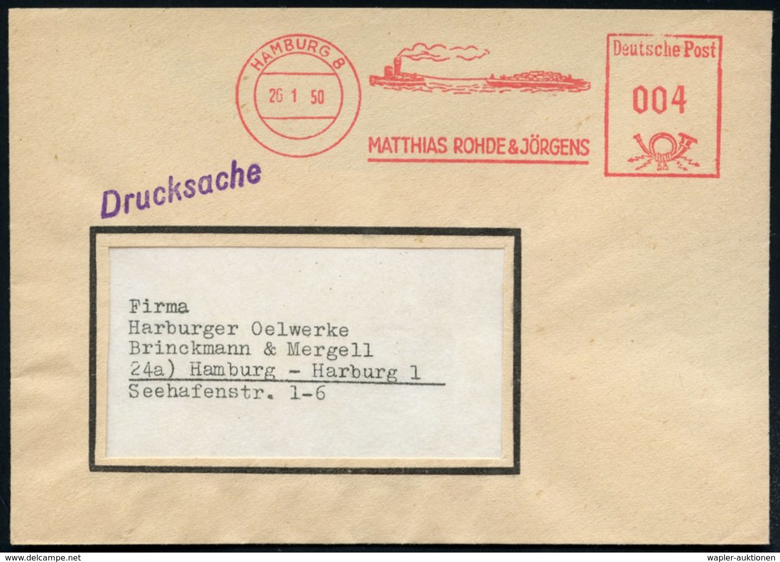 1950 (26.1.) HAMBURG 8, Absender-Freistempel "Deutsche Post": MATTHIAS ROHDE & JÖRGENS (Fluß-Schlepper U. Lastkahn) Bf.  - Other & Unclassified