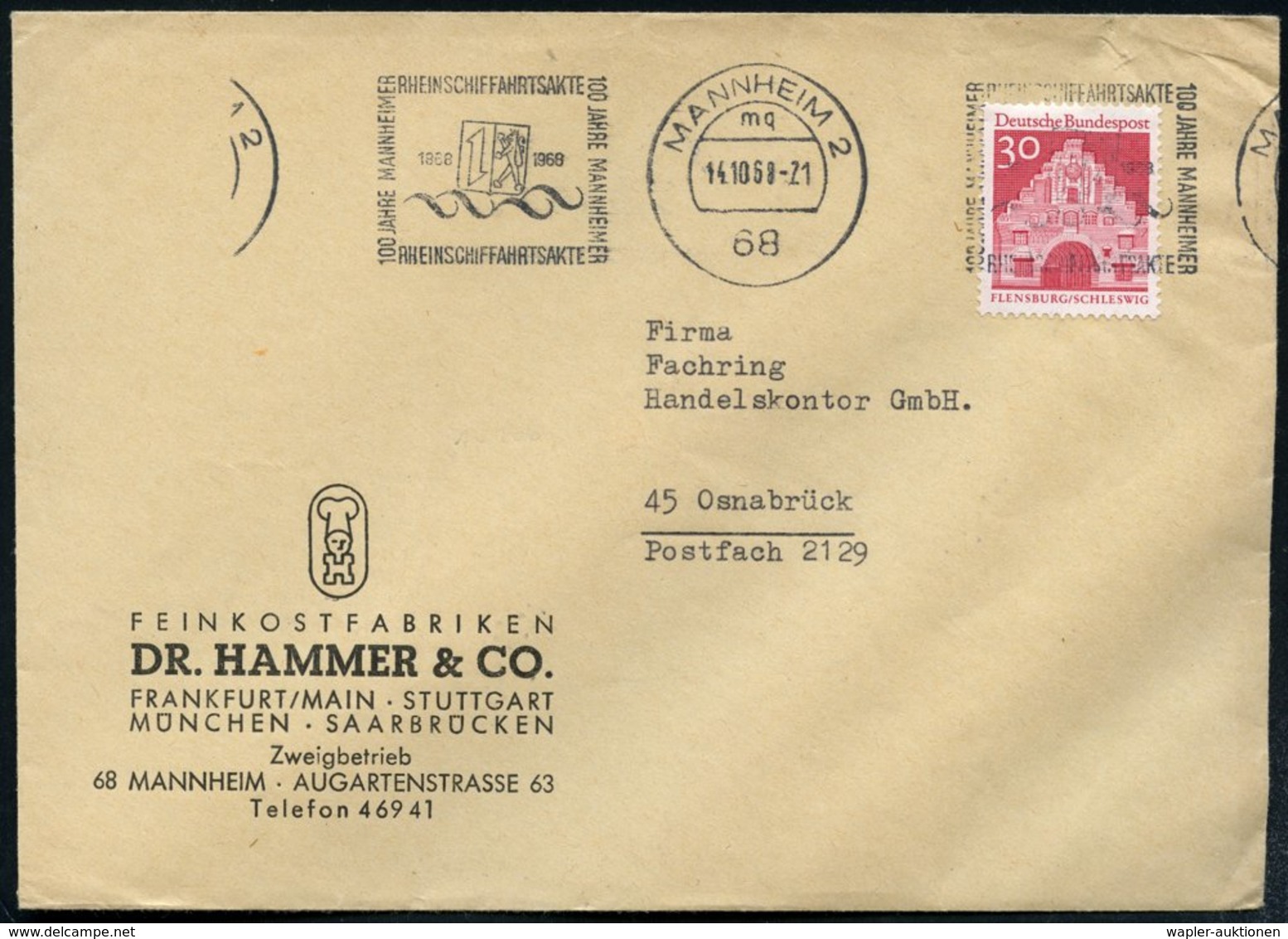 1968 (14.10.) 68 MANNHEIM 2, Band-Maschinen-Werbestempel: 100 JAHRE MANNHEIMER RHEINSCHIFFAHRTSAKTE 1868 1968 (Wellen, W - Other & Unclassified