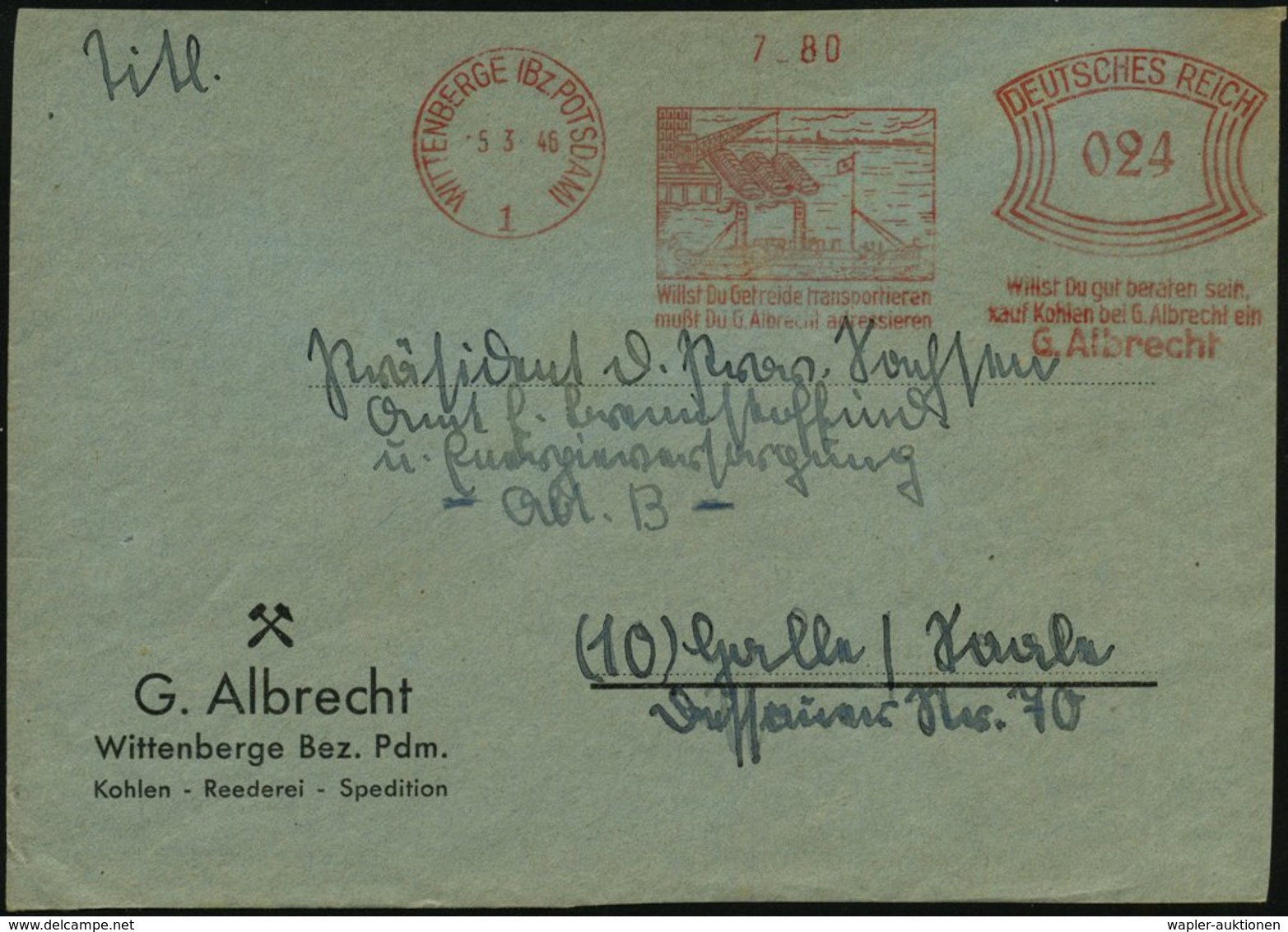 1946 (5.3.) WITTENBERG (Bz POTSDAM) 1, Absender-Freistempel Francotyp Bogenrechteck "DEUTSCHES REICH": Willst Du Getreid - Other & Unclassified