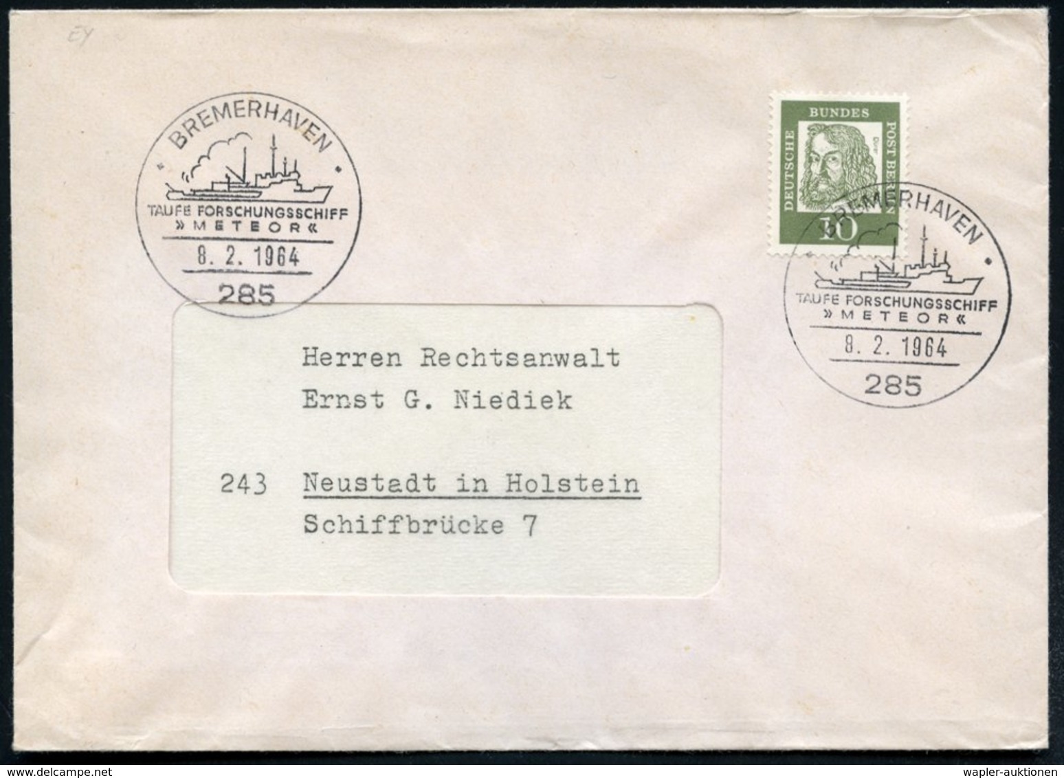 1964 (8.2.) 285 BREMERHAVEN, Sonderstempel: TAUFE FORSCHUNGSSCHIFF "METEOR" (F.S. "Meteor" = Meeres- U. Fischerei-Forsch - Autres & Non Classés