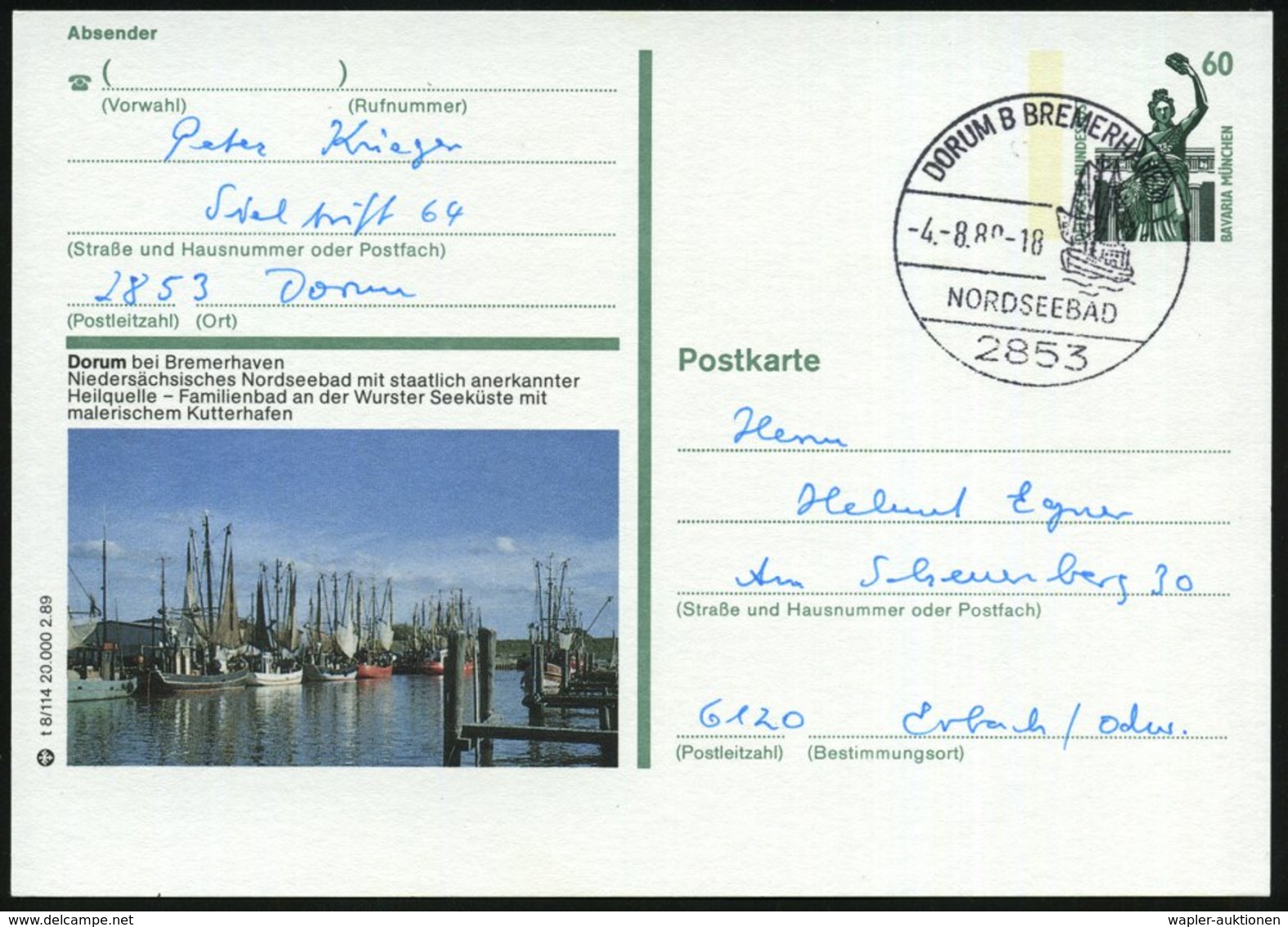 1989 (4.8.) 2853 DORUM B BREMERHAVEN, Hand-Werbestempel: NORDSEEBAD = Fischkutter, Motiv- Und Ortsgleiche Bild-Ganzsache - Other & Unclassified