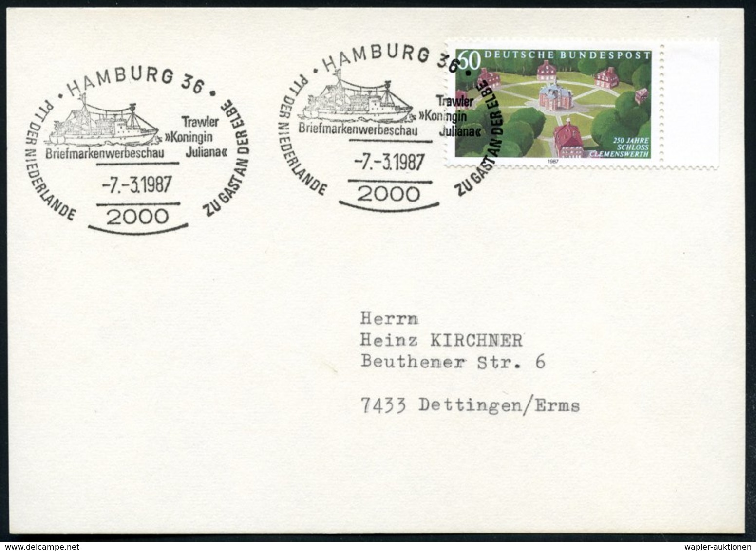 1987 (März) 2000 HAMBURG 36, Sonderstempel: Briefmarkenwerbeschau, Trawler "Koningin Juliana".. (Fisch-Trawler) Inl.-Kar - Other & Unclassified