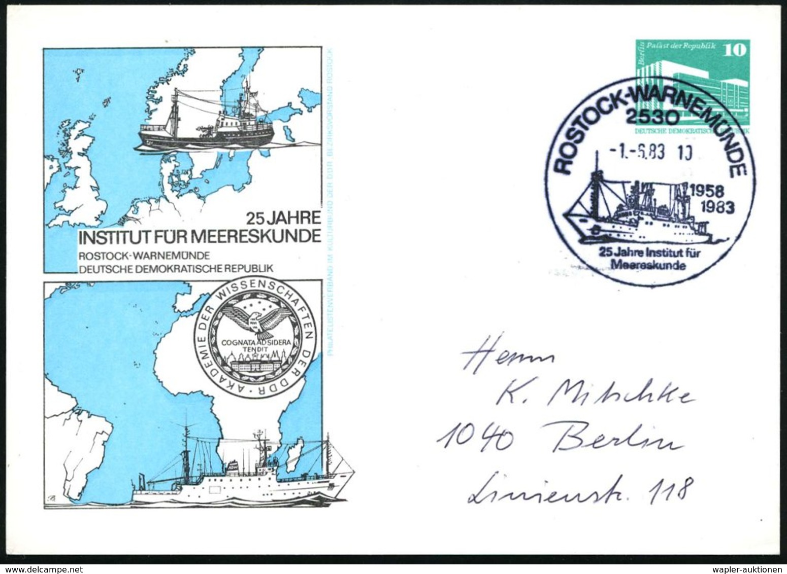 1983 (1.6.) 2530 ROSTOCK-WARNEMÜNDE, PP 10 Pf. PdR., Grün: 25 JAHRE INSTITUT FÜR MEERESKUNDE (Landkarten, Logo, Fisch-Tr - Other & Unclassified