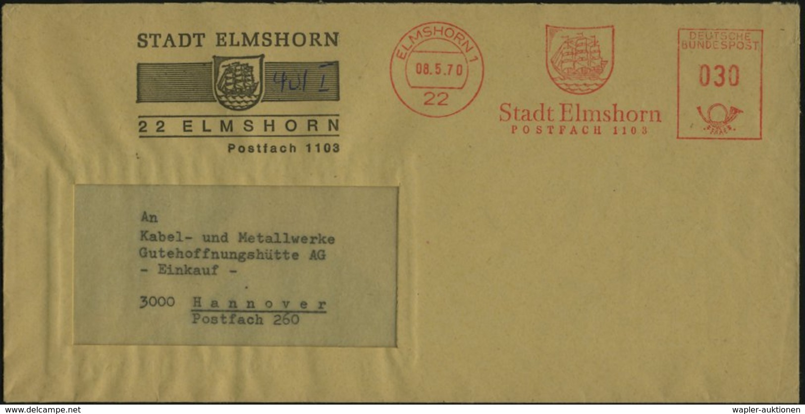 1970 (8.5.) 22 ELMSHORN 1, Absender-Freistempel: Stadt Elmshorn.. (Wappen Mit Großsegler) Motivgleicher Kommunalbrief -  - Other & Unclassified