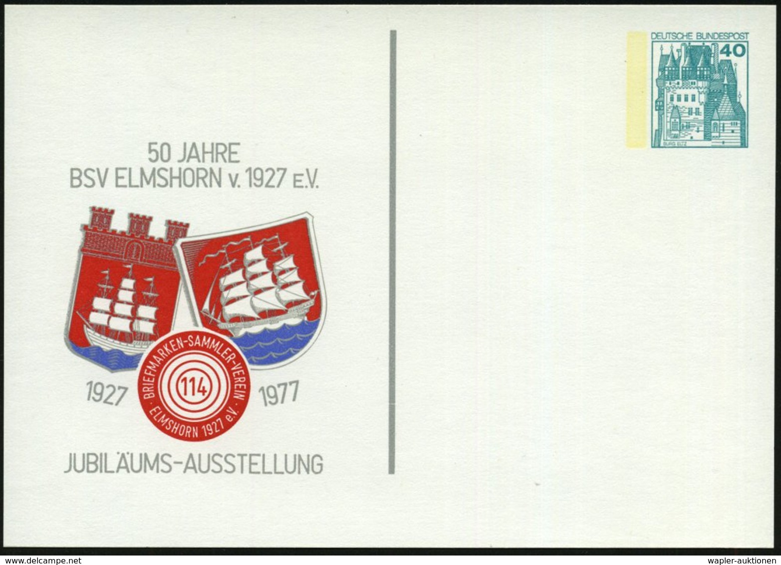 1977 (Apr.) 22 ELMSHORN, PP 40 Pf. Burgen: 50 JAHRE BSV ELMSHORN V. 1927 EV., JUBILÄUMS-AUSSTELLUNG = 2 Wappen Mit Großs - Other & Unclassified