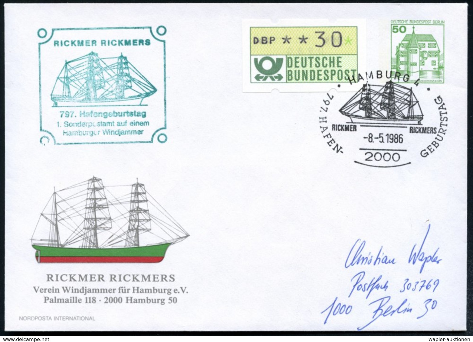 1986 (8.5.) 2000 HAMBURG 4, PU 50 Pf. Burgen, Grün: RICKMER RICKMERS, Verein Windjammer.. = Museums-Segelschiff "Rickmer - Other & Unclassified