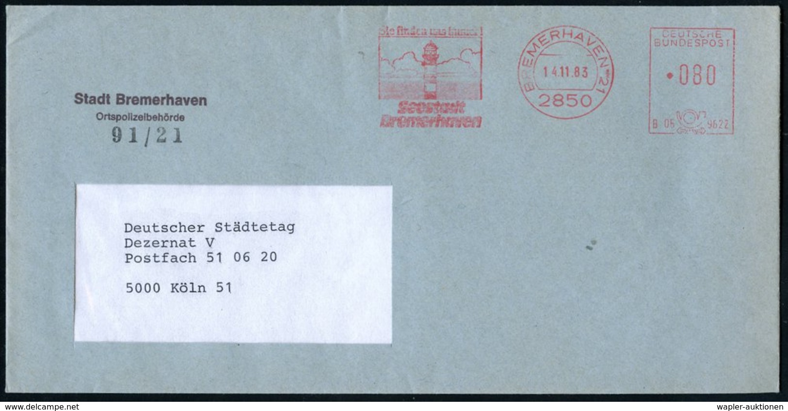 1983 (14.11.) 2850 BREMERHAVEN 21, Absender-Freistempel: Sie Finden Uns Immer, Seestadt Bremerhaven = Leuchtturm Brinkam - Other & Unclassified