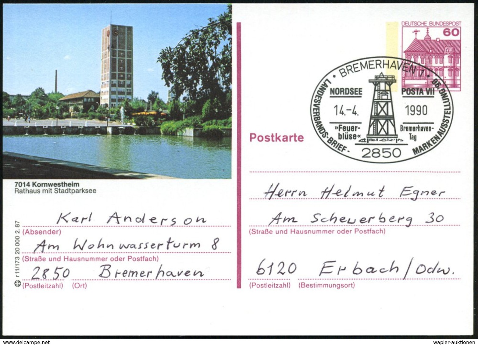 1990 (14.4.) 2850 BREMERHAVEN 1, Sonderstempel: NORDSEE POSTA VII, "Feuerblüse" = Leuchtturm, Inl.-Karte - Leuchttürme & - Other & Unclassified