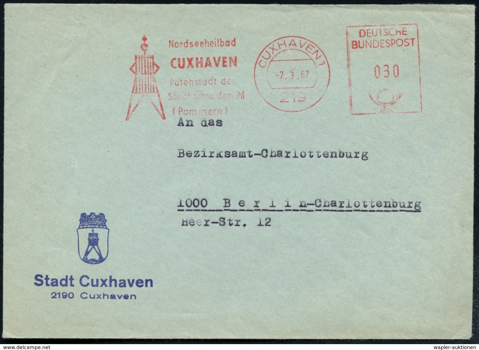 1967 (7.3.) 219 CUXHAVEN 1, Absender-Freistempel: Nordseeheilbad.. Patenstadt Der Stadt Schneidemühl (Pommern) = Seezeic - Other & Unclassified