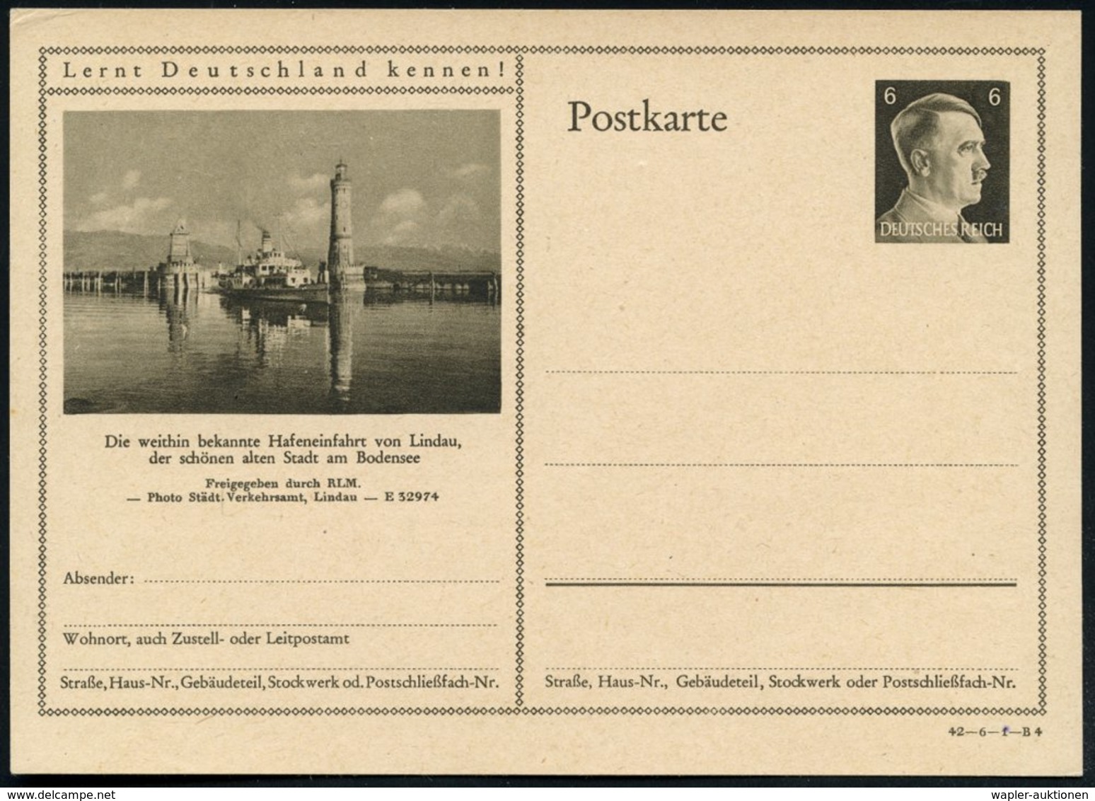 1942 Lindau (Bodensee), 6 Pf. Bild-Ganzsache Hitler, Schw.-braun: Hafeneinfahrt Mit Leuchtturm (Dampfer U. Löwen-Denkmal - Other & Unclassified