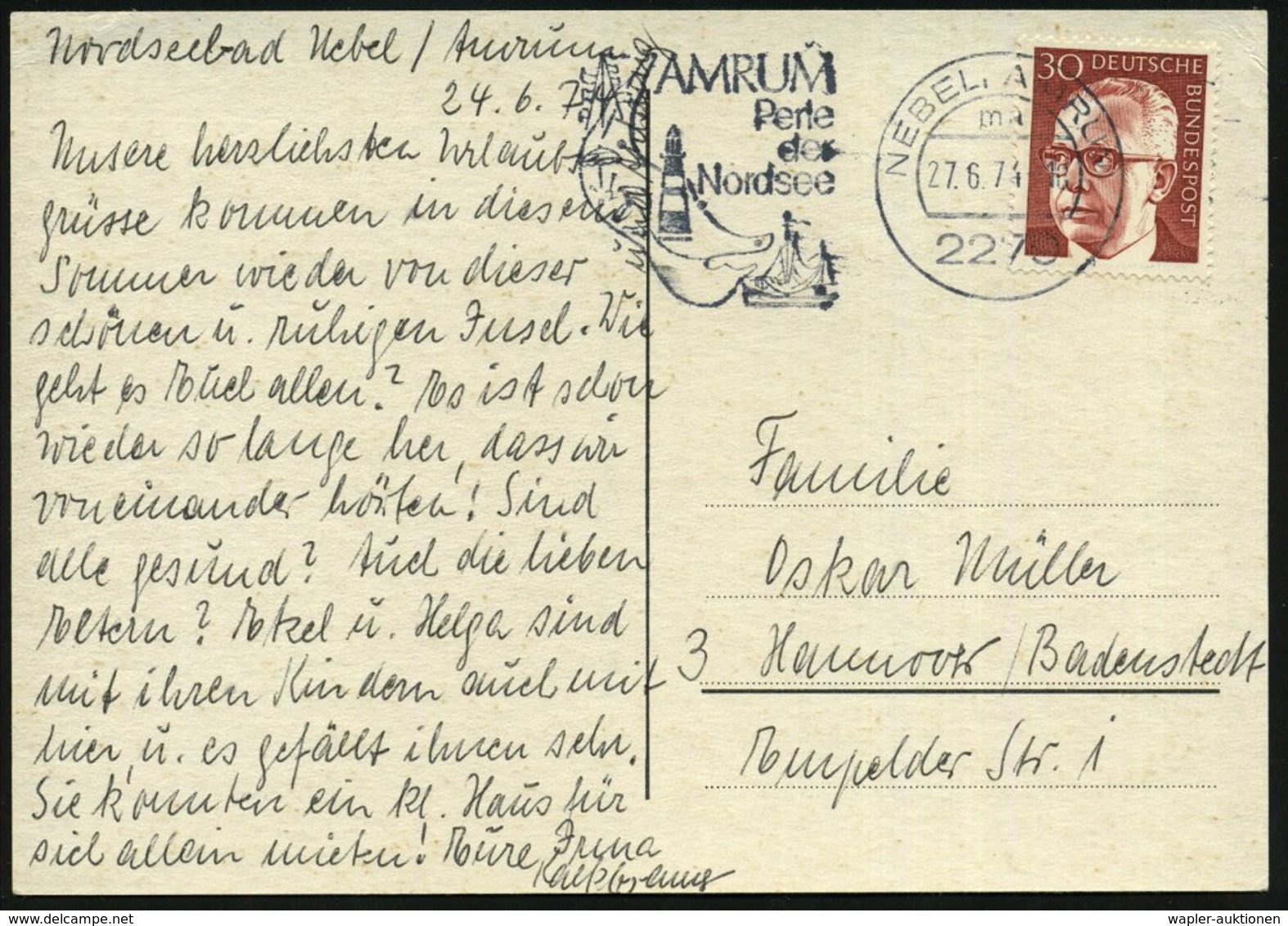 1974 (27.6.) 2270 NEBEL, AMRUM, Maschinen-Werbestempel: Perle Der Nordsee = Insel Mit Leuchtturm, Fischtrawler, Bedarfsk - Other & Unclassified