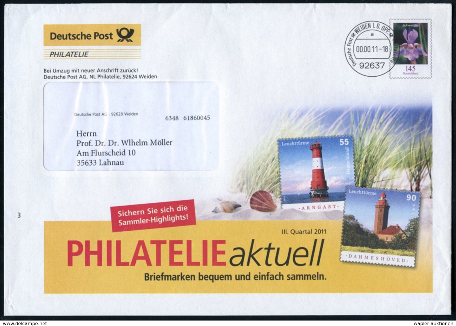 2011 92637 WEIDEN I. D. OPF., 145 C. Postdienst-Ganzsachen-Umschlag, Blume, Vs. Reklame Leuchtturm- Marken, Buchdruck-Ta - Sonstige & Ohne Zuordnung