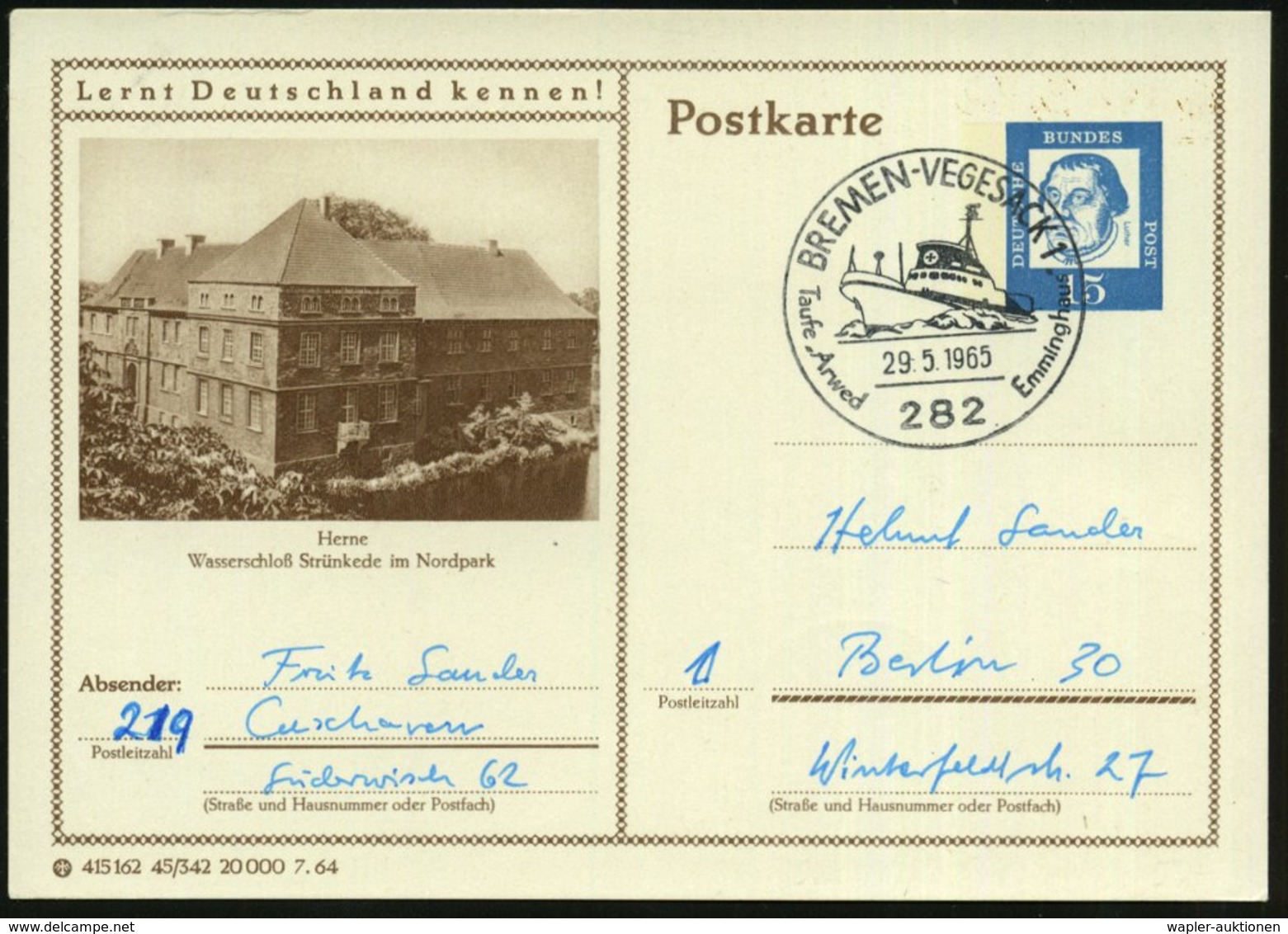 1965 (29.5.) 282 BREMEN-VEGESACK 1, Sonderstempel: Taufe "Arwed Emmighaus" = Rettungskreuzer, Inl.-Karte (Bo.120) - Seen - Otros & Sin Clasificación