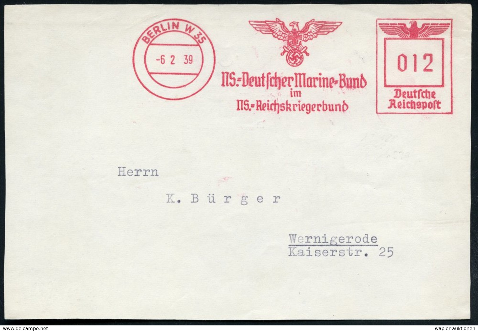 1939 (6.2.) BERLIN W 35, Absender-Freistempel: NS.-Deutscher Marine-Bund Im NS.-Reichskriegerbund (Adler Mit Hakenkreuz) - Sonstige & Ohne Zuordnung