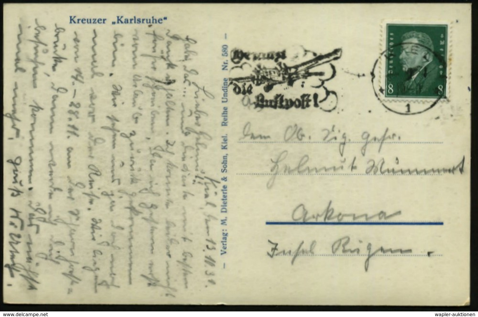 1931 (14.10.) Kiel 1, Maschinen-Werbestempel: Benutzt Die Luftpost! Auf S/ W.-Foto-Ak.: (Kleiner) Kreuzer "Karlsruhe", B - Other & Unclassified