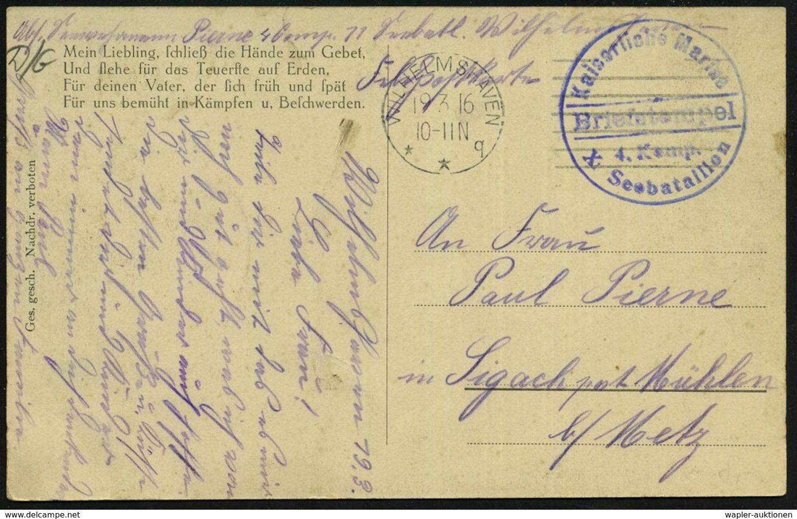 1916 (19.3.) WILHELMSHAVEN, 1K-Maschinenstempel + Briefstempel: Kaiserliche Marine, 4. Komp., X. Seebataillon, Feldpost- - Other & Unclassified