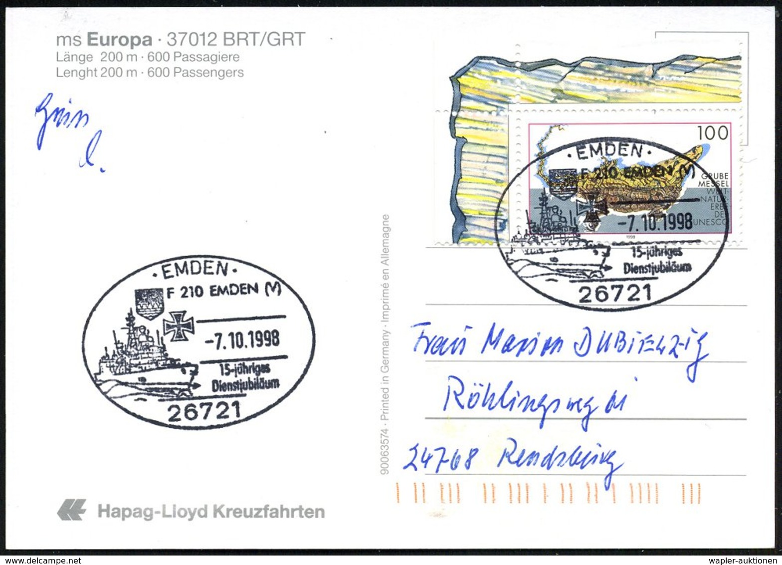 1998 (7.10.) 26721 EMDEN, Sonderstempel: F 210 EMDEN (V), 15-jähriges Dienstjubiläum (Fregatte "Emden") Color-Ak. (MS. " - Other & Unclassified