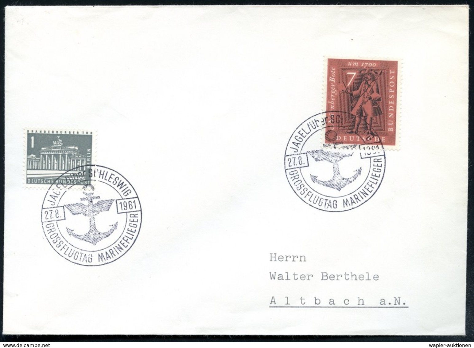 1961 (27.8.) JAGEL über SCHLESWIG, Sonderstempel: GROSSFLUGTAG MARINEFLIEGER (Anker) Inl.-Karte (Bo.1) - Deutsche Bundes - Other & Unclassified