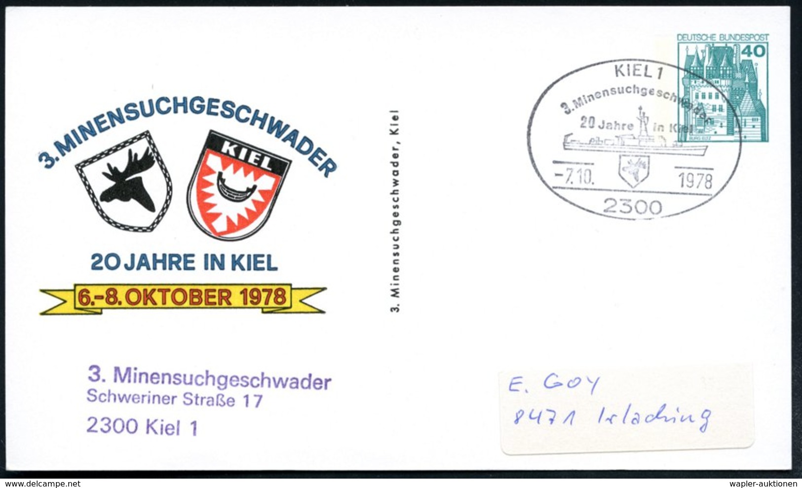 1978 (7.10.) 2300 KIEL 1, Sonderstempel: 3. Minensuchgeschwader, 20 Jahre In Kiel Auf Passender PP 40 Pf. Burgen: 3. MIN - Other & Unclassified