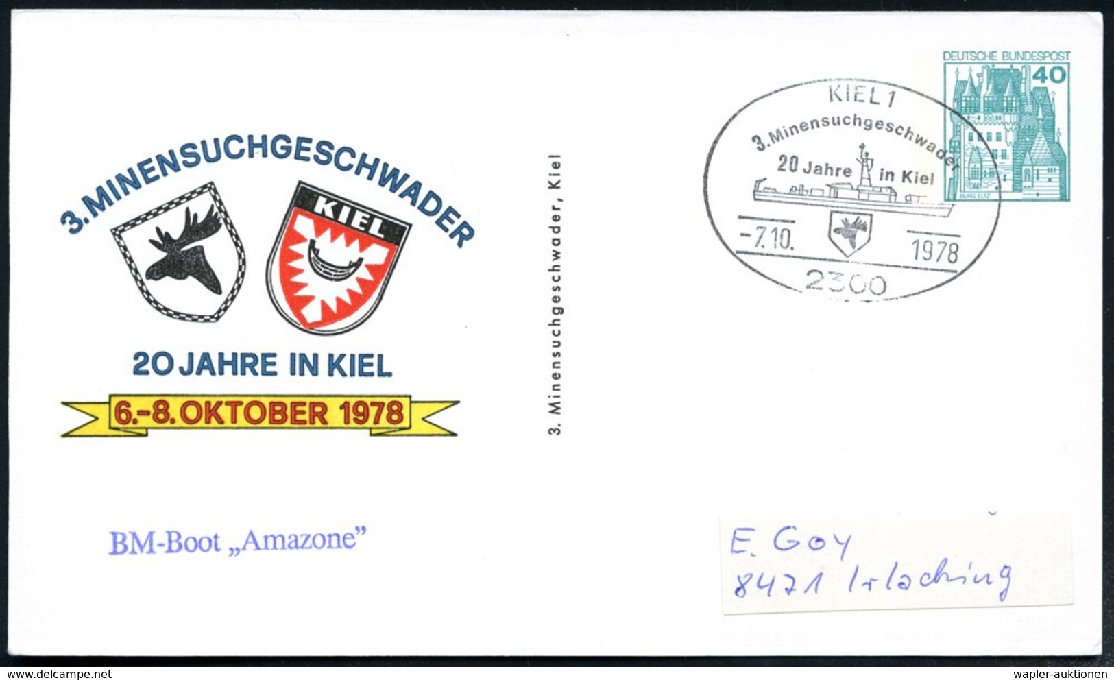 1978 (7.10.) 2300 KIEL 1, Sonderstempel: 3. Minensuchgeschwader, 20 Jahre In Kiel Auf Passender PP 40 Pf. Burgen: 3. MIN - Other & Unclassified