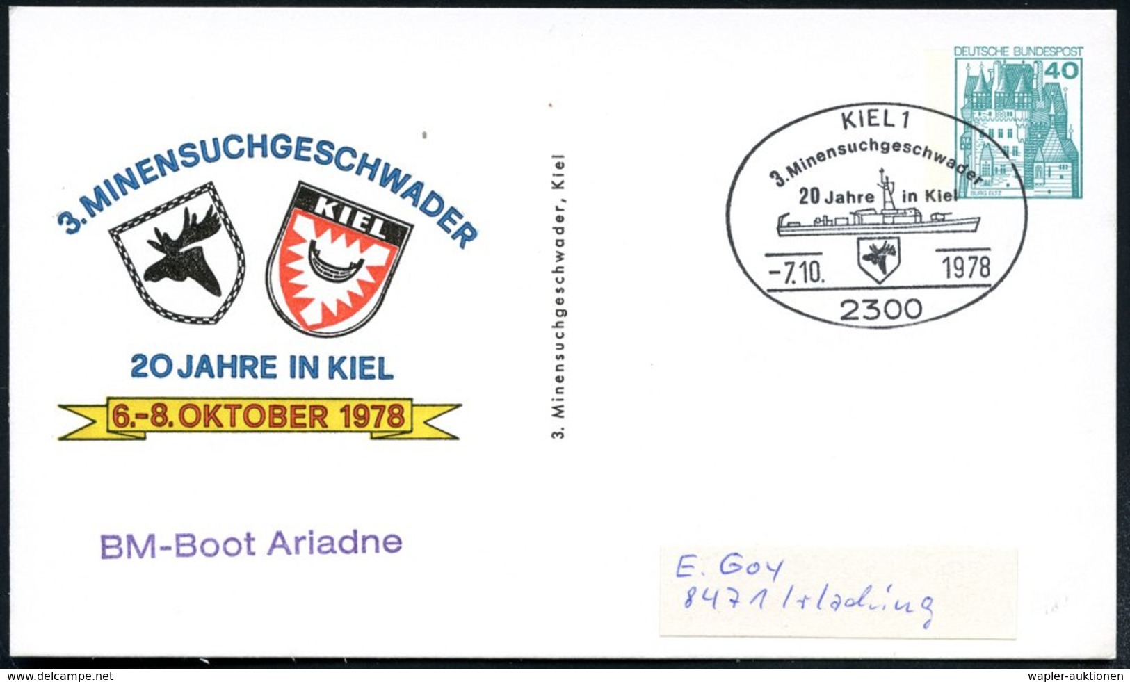 1978 (7.10.) 2300 KIEL 1, Sonderstempel: 3. Minensuchgeschwader, 20 Jahre In Kiel Auf Passender PP 40 Pf. Burgen: 3. MIN - Autres & Non Classés