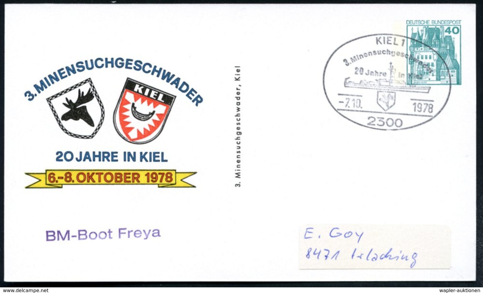 1978 (7.10.) 2300 KIEL 1, Sonderstempel: 3. Minensuchgeschwader, 20 Jahre In Kiel Auf Passender PP 40 Pf. Burgen: 3. MIN - Other & Unclassified