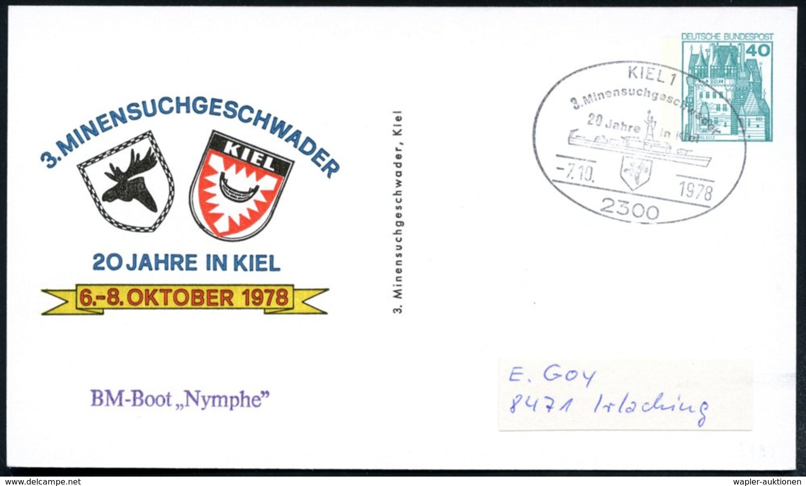 1978 (7.10.) 2300 KIEL 1, Sonderstempel: 3. Minensuchgeschwader, 20 Jahre In Kiel Auf Passender PP 40 Pf. Burgen: 3. MIN - Other & Unclassified