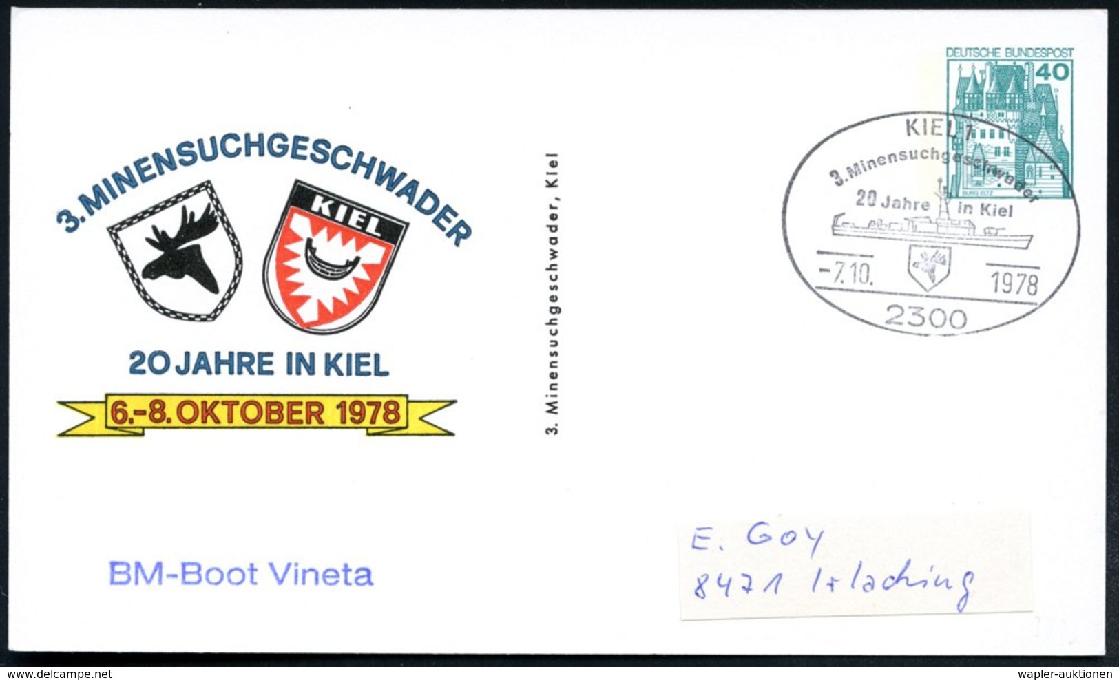 1978 (7.10.) 2300 KIEL 1, Sonderstempel: 3. Minensuchgeschwader, 20 Jahre In Kiel Auf Passender PP 40 Pf. Burgen: 3. MIN - Other & Unclassified