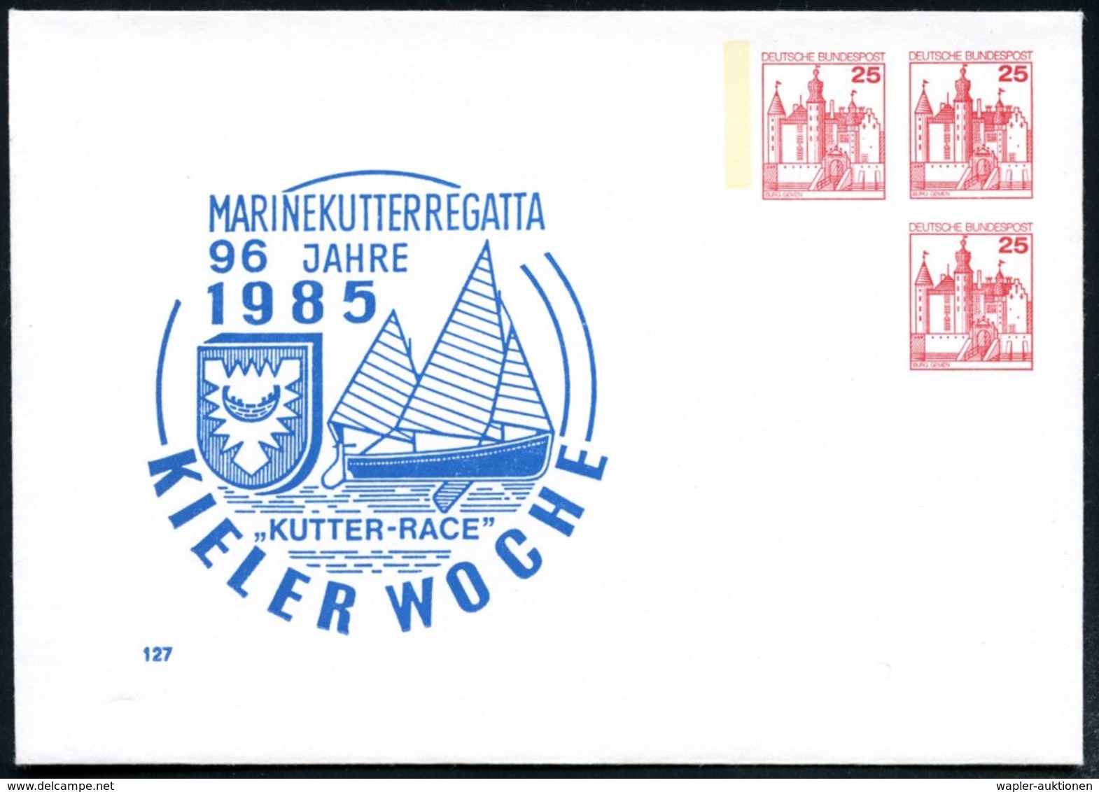 1985 Kiel, PU 25 Pf. + 25 Pf. + 25 Pf. Burgen: KIELER WOCHE 1985, MARINEKUTTERREGATTA 96 JAHRE (Wappen, Segelkutter) Ung - Other & Unclassified