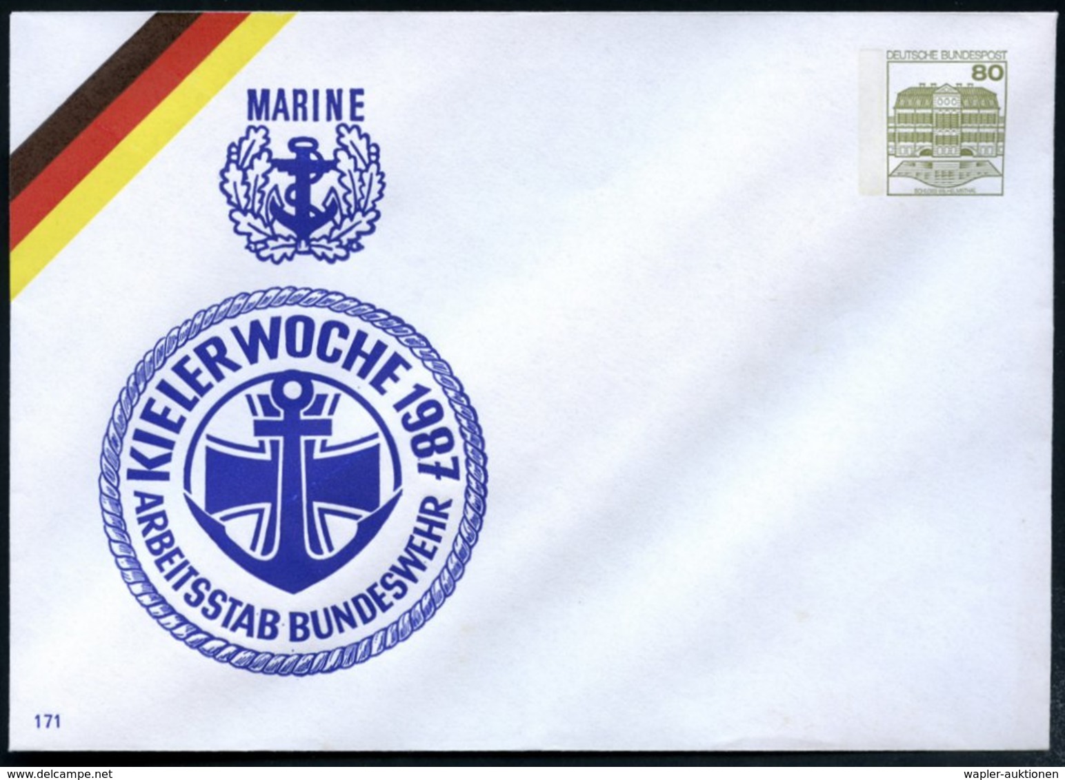 1987 Kiel, PU 80 Pf. Burgen: KIELER WOCHE 1987, ARBEITSSTAB BUNDESWEHR (Eisernes Kreuz, Anker) Ungebr. (Mi.PU 117/304) - - Other & Unclassified