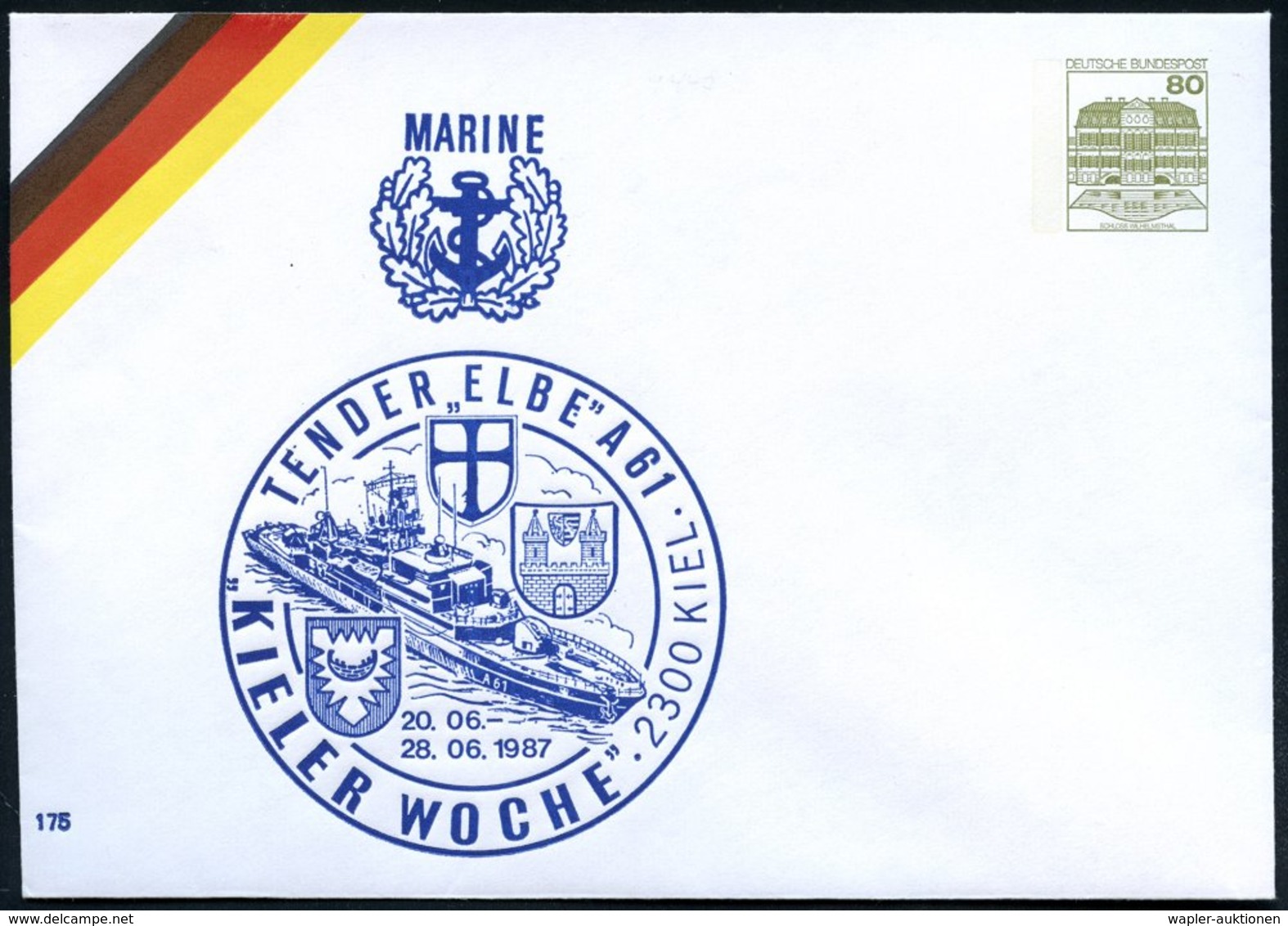 1987 Kiel, PU 80 Pf. Burgen: KIELER WOCHE, TENDER "ELBE" A 61 (Troßschiff "Elbe", 3 Wappen Etc.) Ungebr. (Mi.PU 117/285) - Other & Unclassified