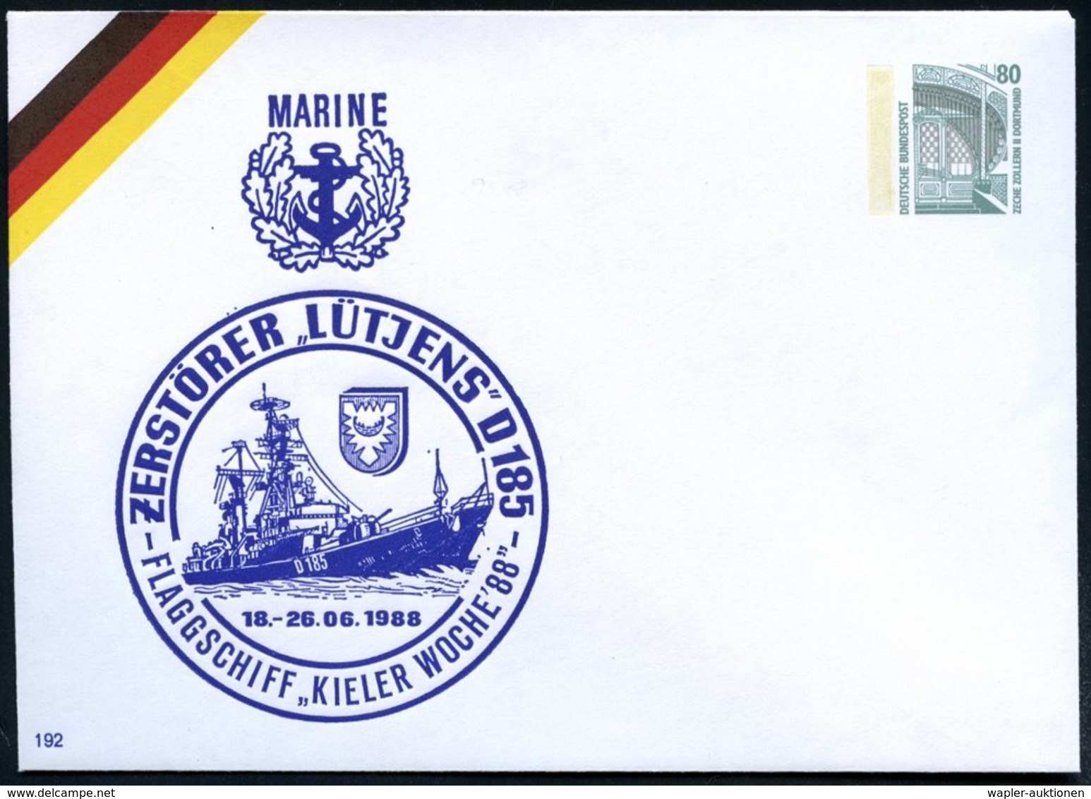 1988 (Juni) Kiel, PU 80 Pf. Zeche Zollern: FLAGSCHIFF "KIELER WOCHE '88", ZERSTÖRER "LÜTJENS" D 185 (Zerstörer, Wappen)  - Other & Unclassified