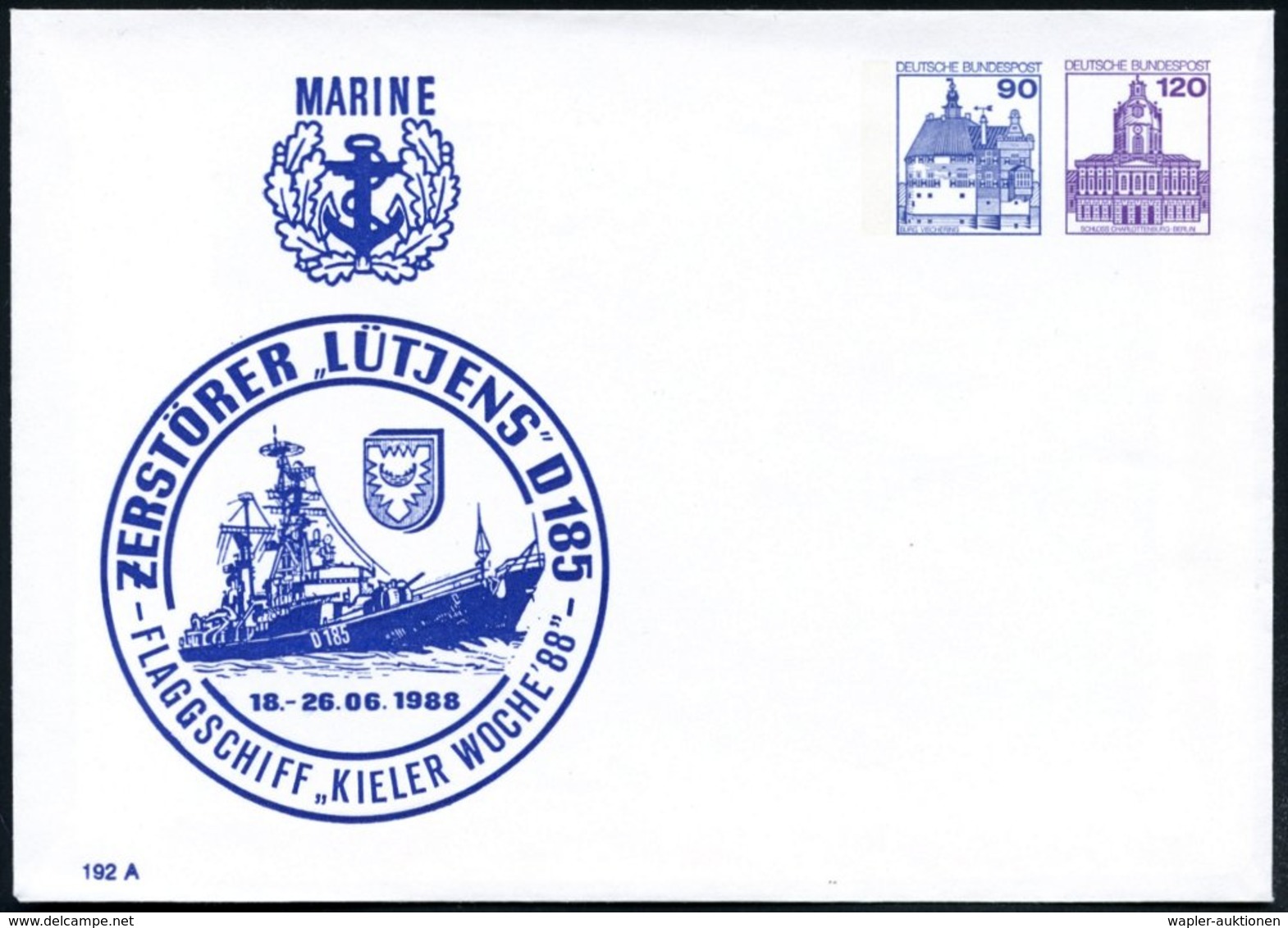 1988 (Juni) Kiel, PU 90 Pf. + 120 Pf. Burgen: FLAGSCHIFF "KIELER WOCHE '88", ZERSTÖRER "LÜTJENS" D 185 (Zerstörer, Wappe - Other & Unclassified