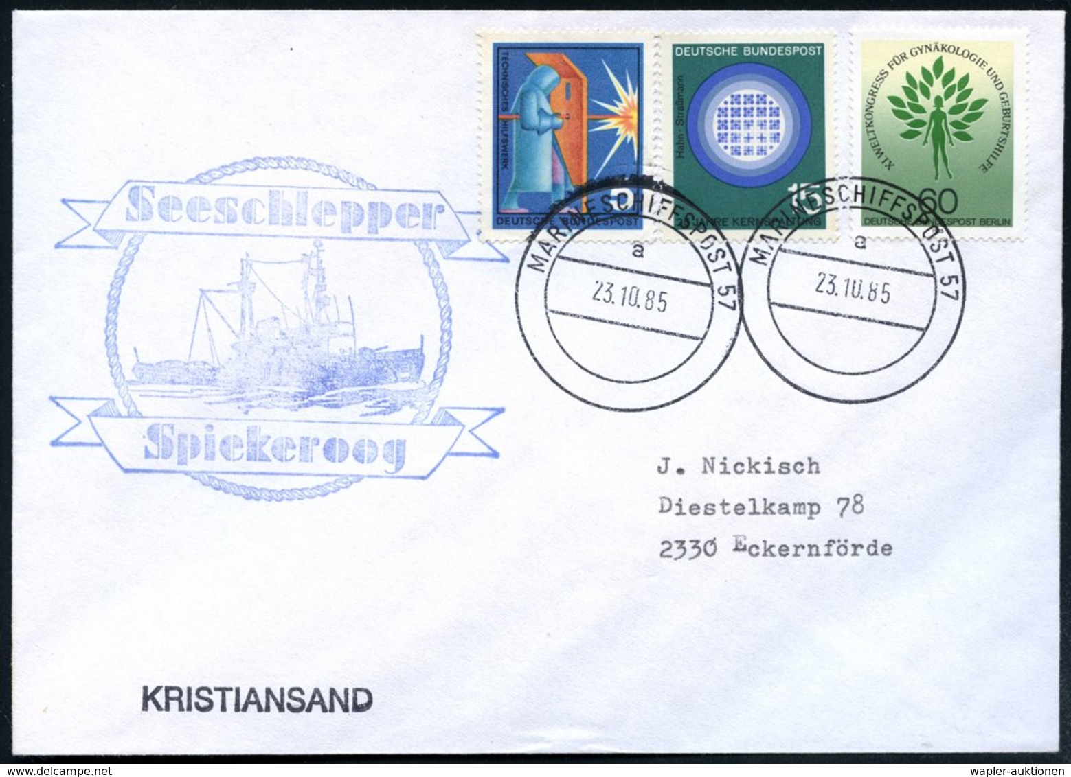 1985 (23.10.) B.R.D., 2K-Bordpostamt: MARINESCHIFFSPOST 57 + Nebenstempel: Seeschlepper Spiekeroog + 1L: KRISTIANSAND, A - Other & Unclassified