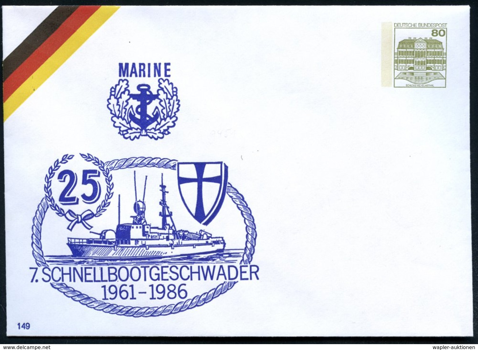1986 B.R.D., PU 80 Pf. Burgen, Oliv: 25 (Jahre) 7. SCHNELLBOOTGESCHWADER (Raketen-Schnellboot, Wappen) Ungebr. (Mi.PU 11 - Other & Unclassified