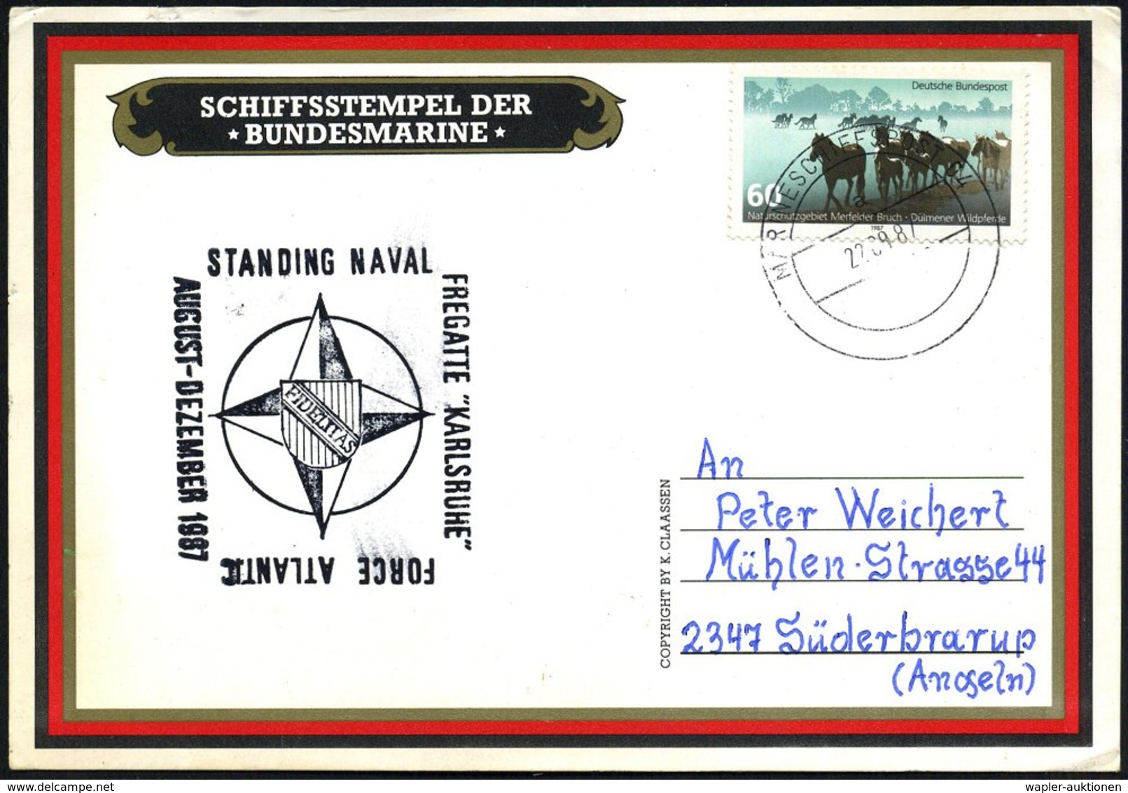 1987 (22.8.) B.R.D., 2K-Bordpostamt: MARINESCHIFFSPOST 04 + Nebenstempel: Standing Naval FREGATTE "KARLSRUHE".. 1987, In - Other & Unclassified