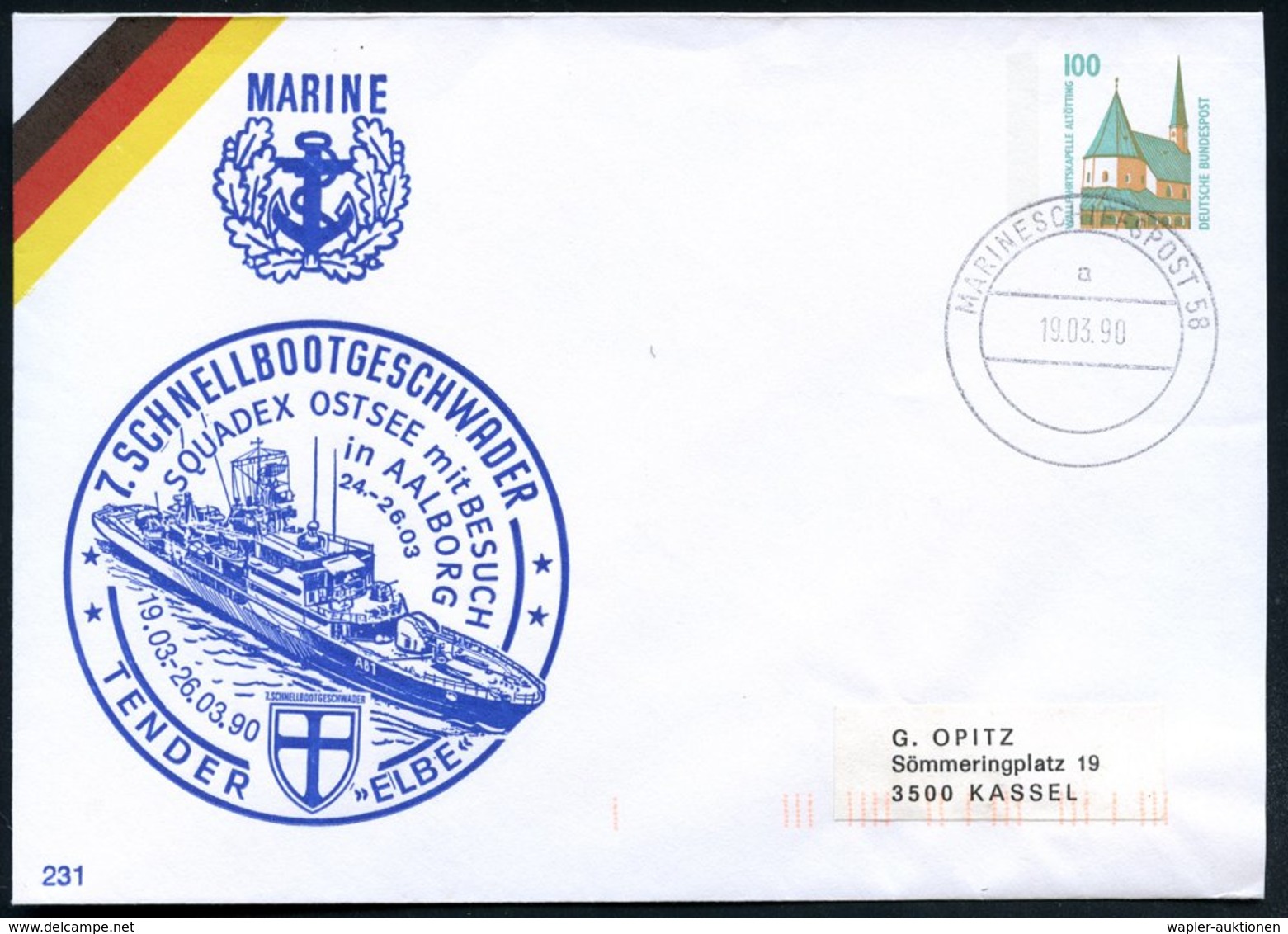 1990 (19.3.) B.R.D., 2K-Bordpostamt: MARINESCHIFFSPOST 58 Auf PU 100 Pf. Altötting: 7. SCHNELLBOOT GESCHWADER, SQUADEX O - Other & Unclassified