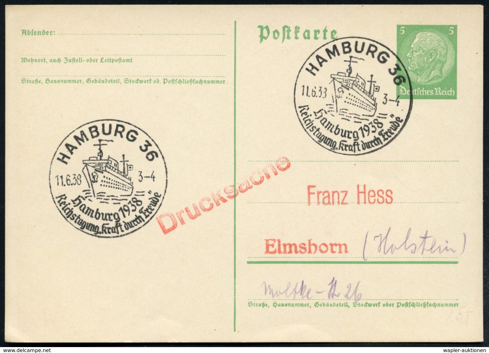 1938 (11.6.) HAMBURG 36, Sonderstempel: Reichstagung "Kraft Durch Freude" = K.d.F.-Schiff "Wilhelm Gustloff" + Faksimile - Other & Unclassified