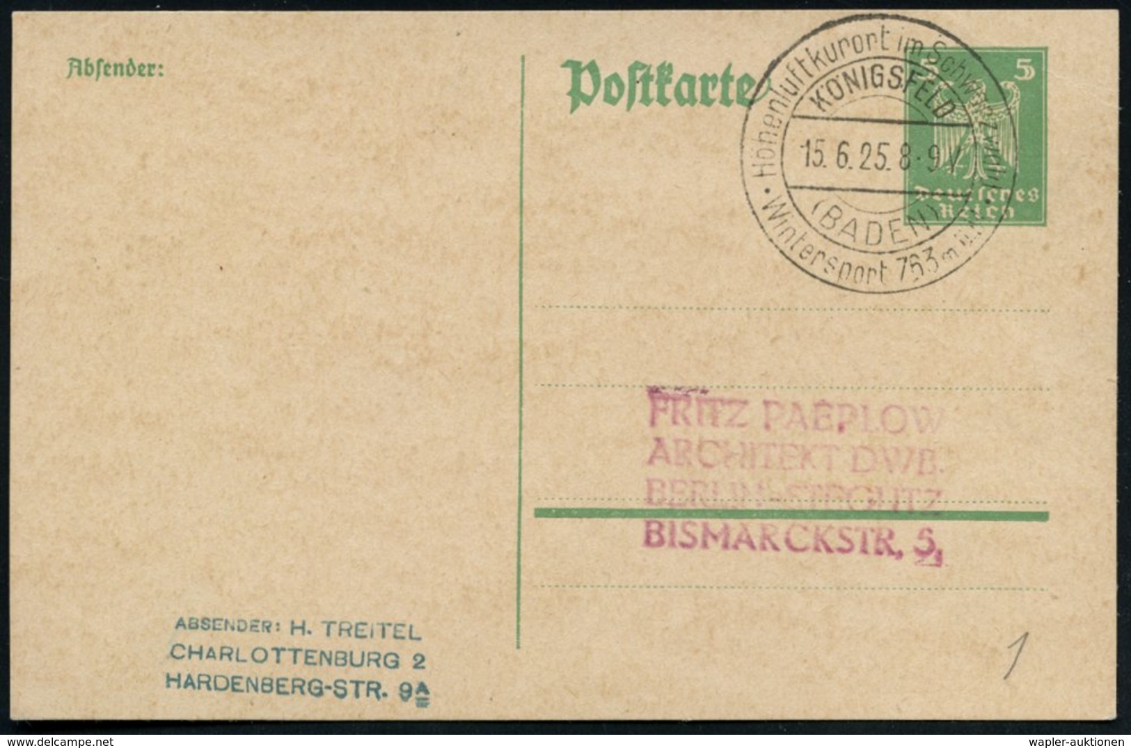 1925 (15.6.) KÖNIGSFELD (BADEN), Hand-Werbestepel: Höhenluftkurort Im Schwarzwald, Wintersport.., Inl.-Karte (Bo.1, Nur  - Other & Unclassified