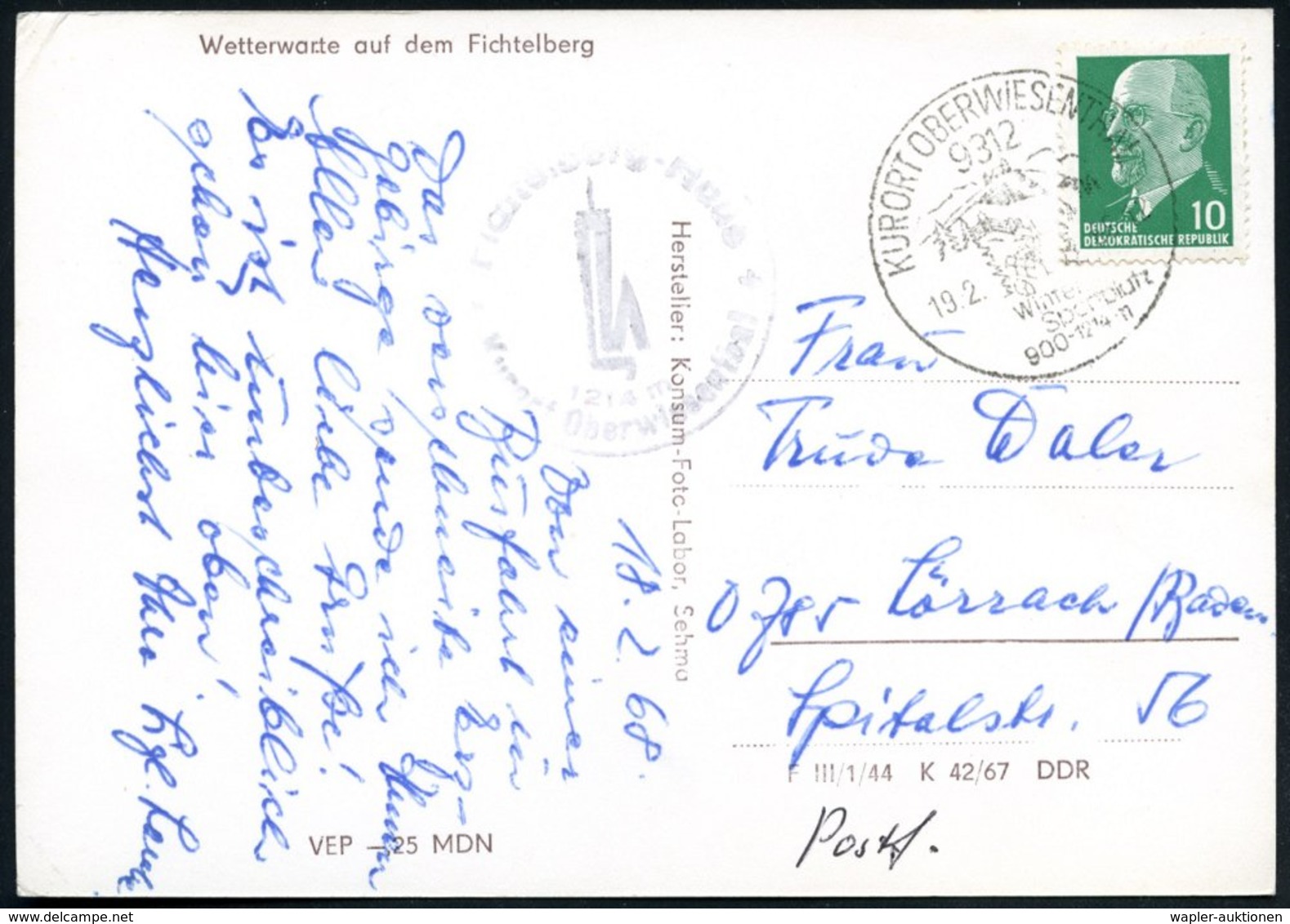 1968 (19.2.) 9312 KURORT OBERWIESENTHAL, Hand-Werbestempel: Winter-Sportplatz.. (Berge) + Nebenstempel: Fichtelberghaus. - Other & Unclassified