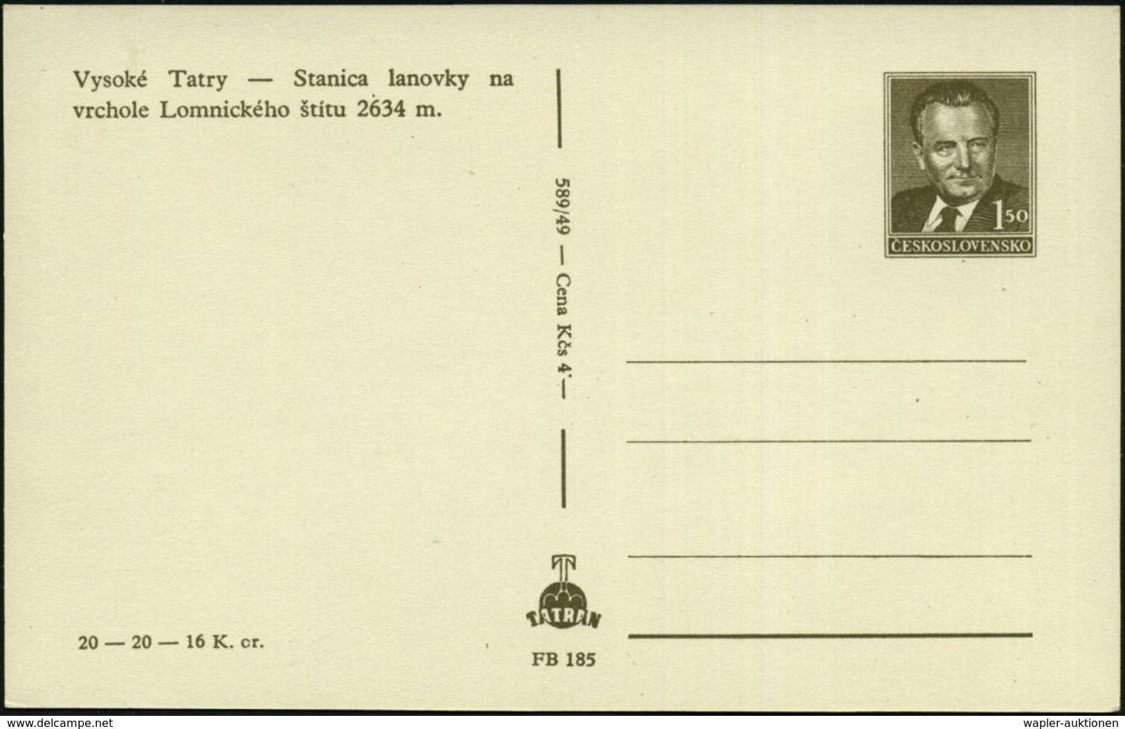 1950 TSCHECHOSLOWAKEI, 1,50 Kc. Bild-Ganzsache Gottwald, Braun: Krkonose, Seil-Kabinenbahn In Winterlandschaft, Ungebr.  - Other & Unclassified