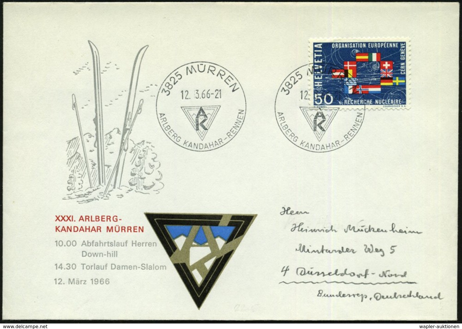 1966 (12.3.) SCHWEIZ, Sonderstempel: 3825 MÜRREN, ARLSBERG KANDAHAR-RENNEN (Loo) Motivgleicher Ausl.-Sonderumschlag (Pen - Other & Unclassified